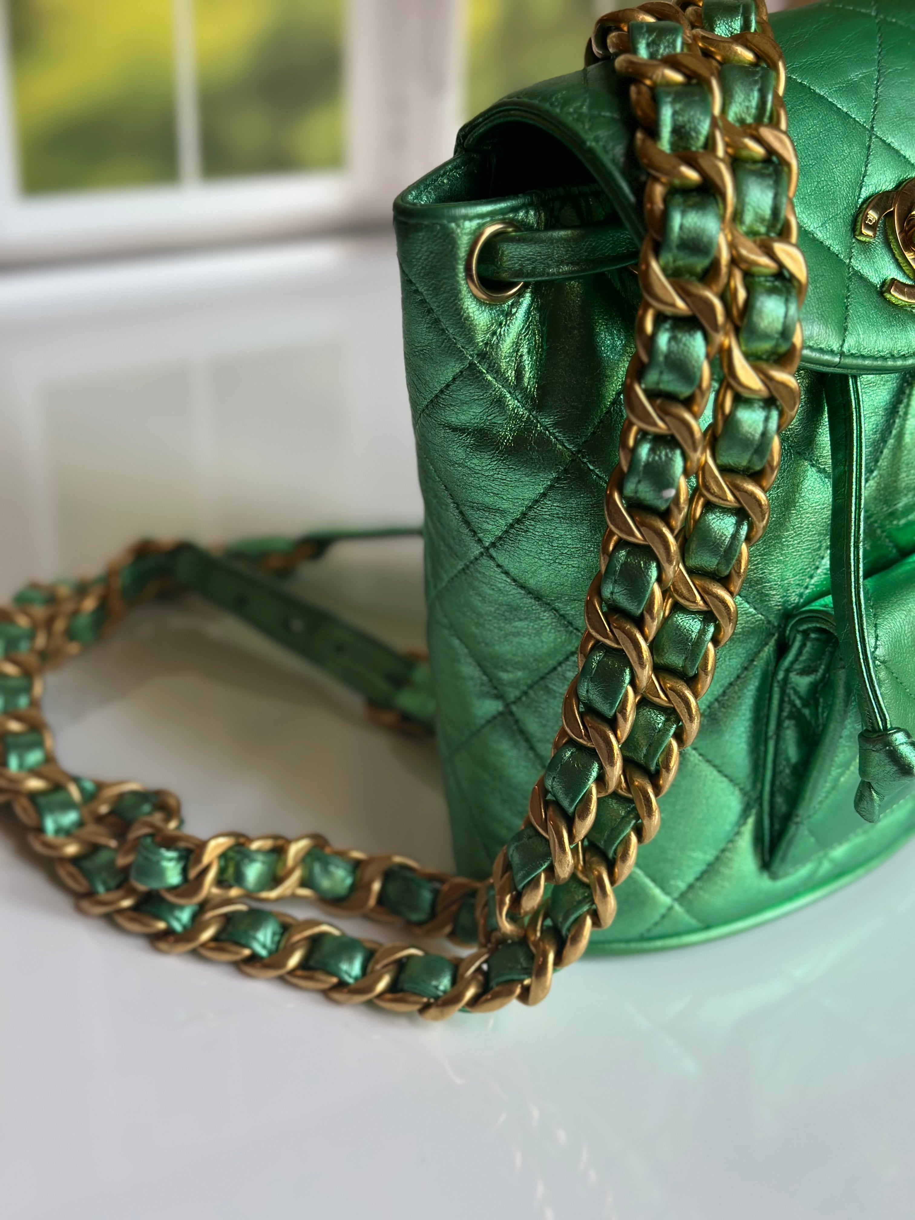 1994 Chanel Mini Duma Backpack Metallic Green Lambskin & 24K Gold Plated Hardware