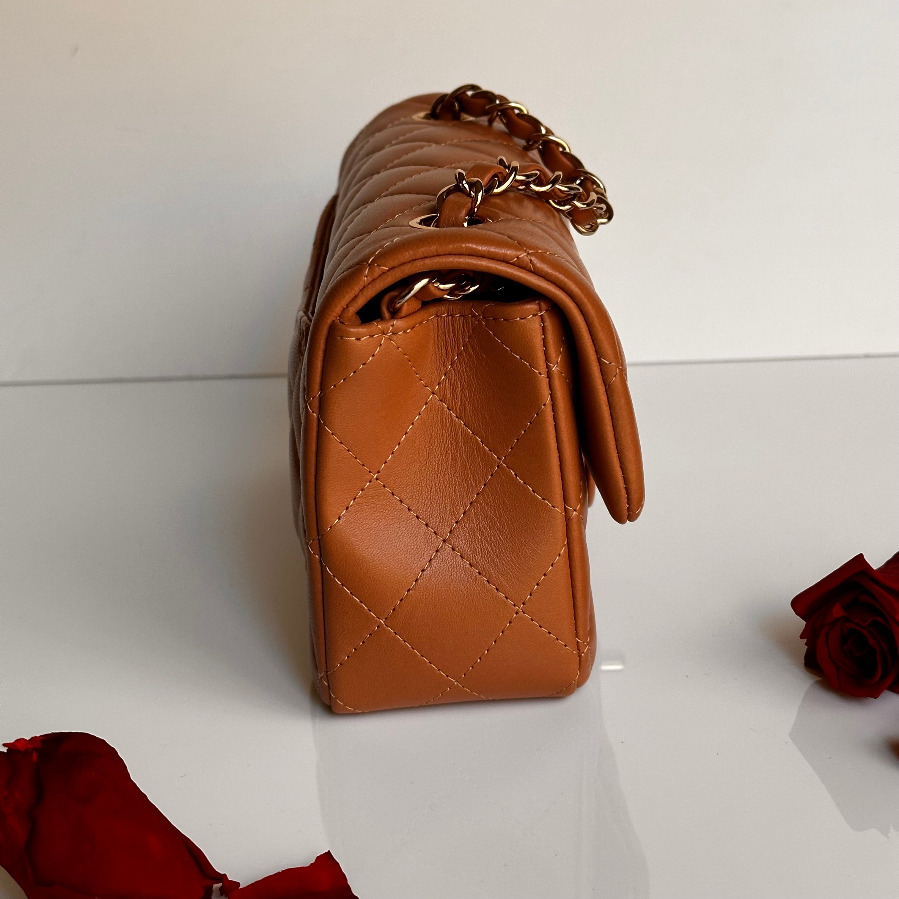 21P Chanel Mini Rectangular Classic Flap Caramel Brown Lambskin LGHW