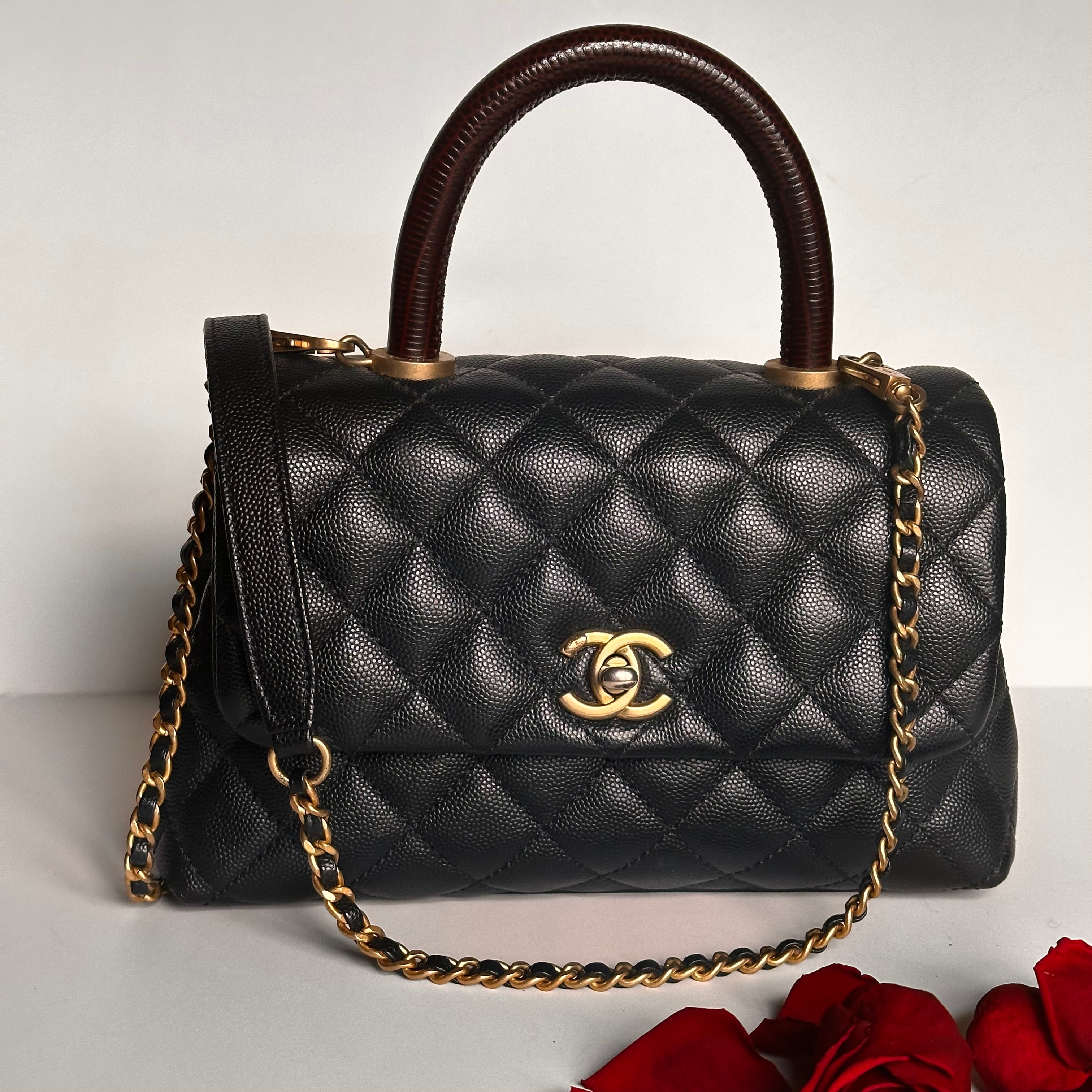 2019 Chanel Small Coco Handle Flap Black Caviar & Dark Burgundy Lizard Embossed Calfskin GHW