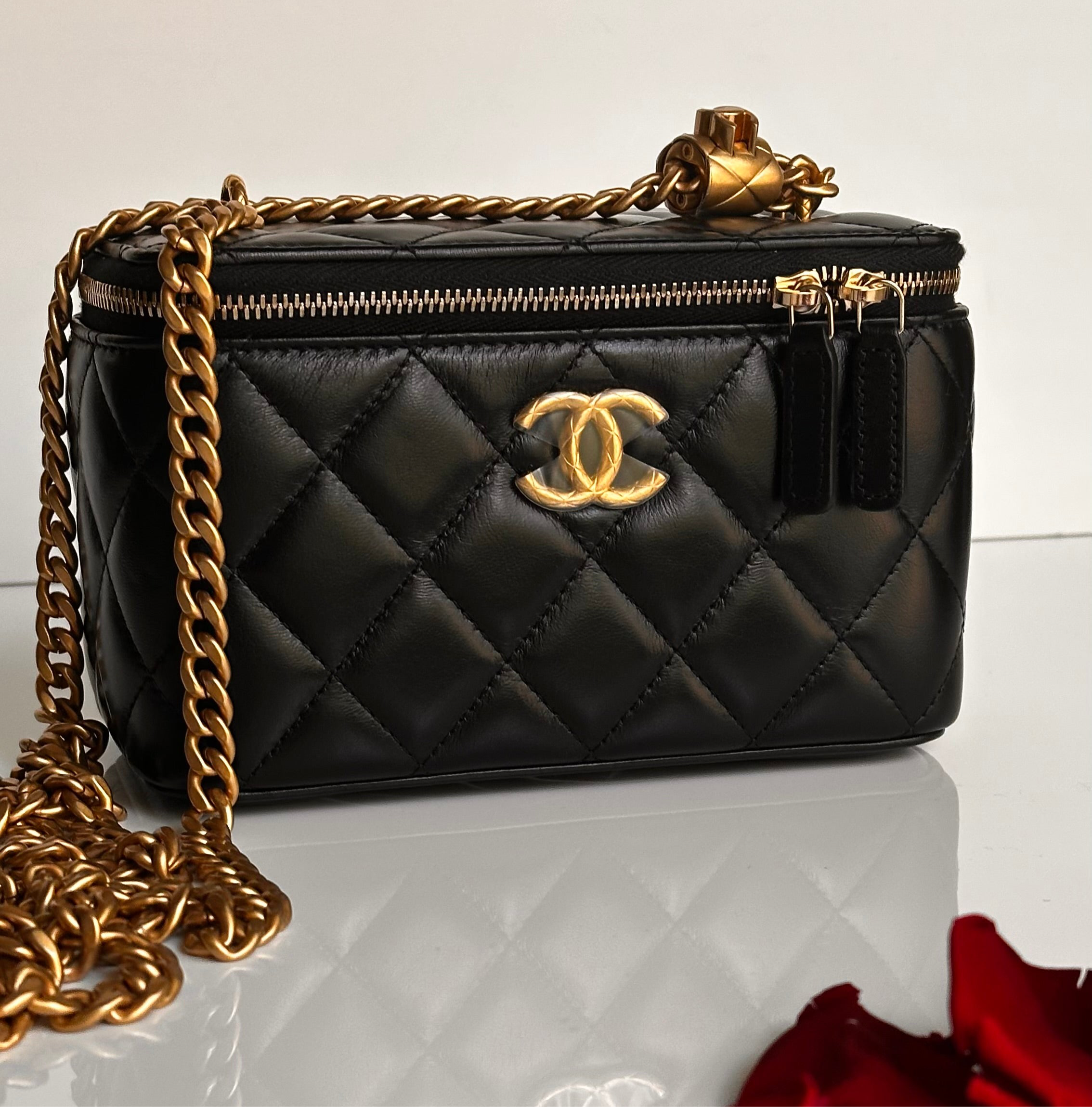 2023 Chanel All Side Long Vanity Bag Black Lambskin Aged Gold Hardware