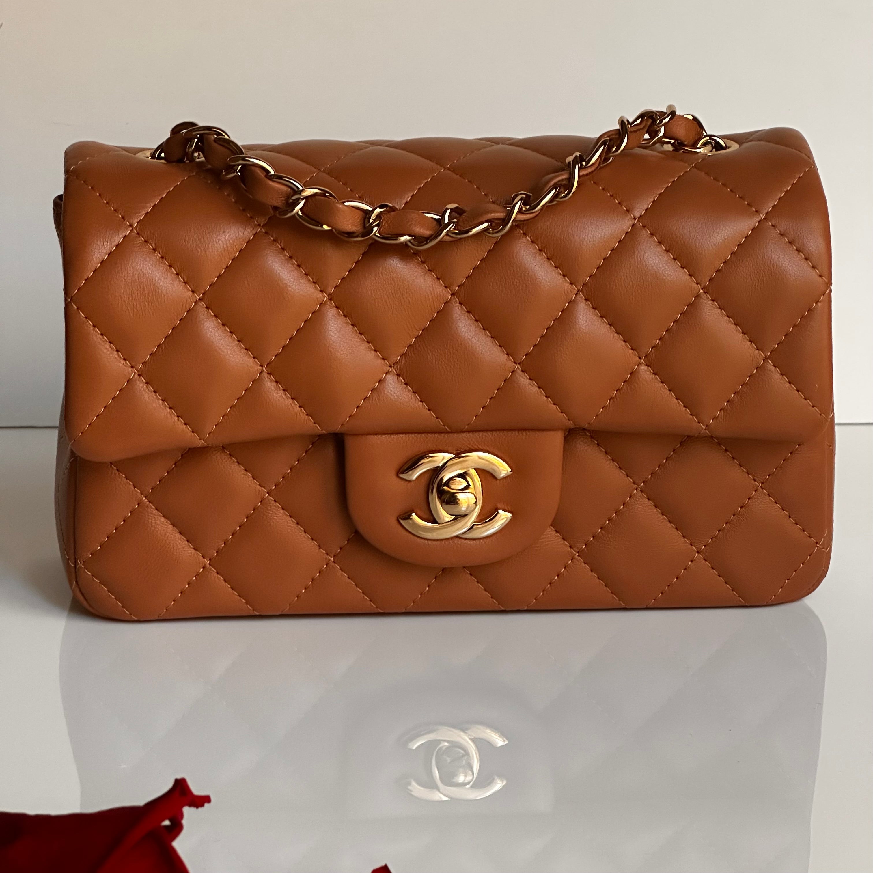 21P Chanel Mini Rectangular Classic Flap Caramel Brown Lambskin LGHW