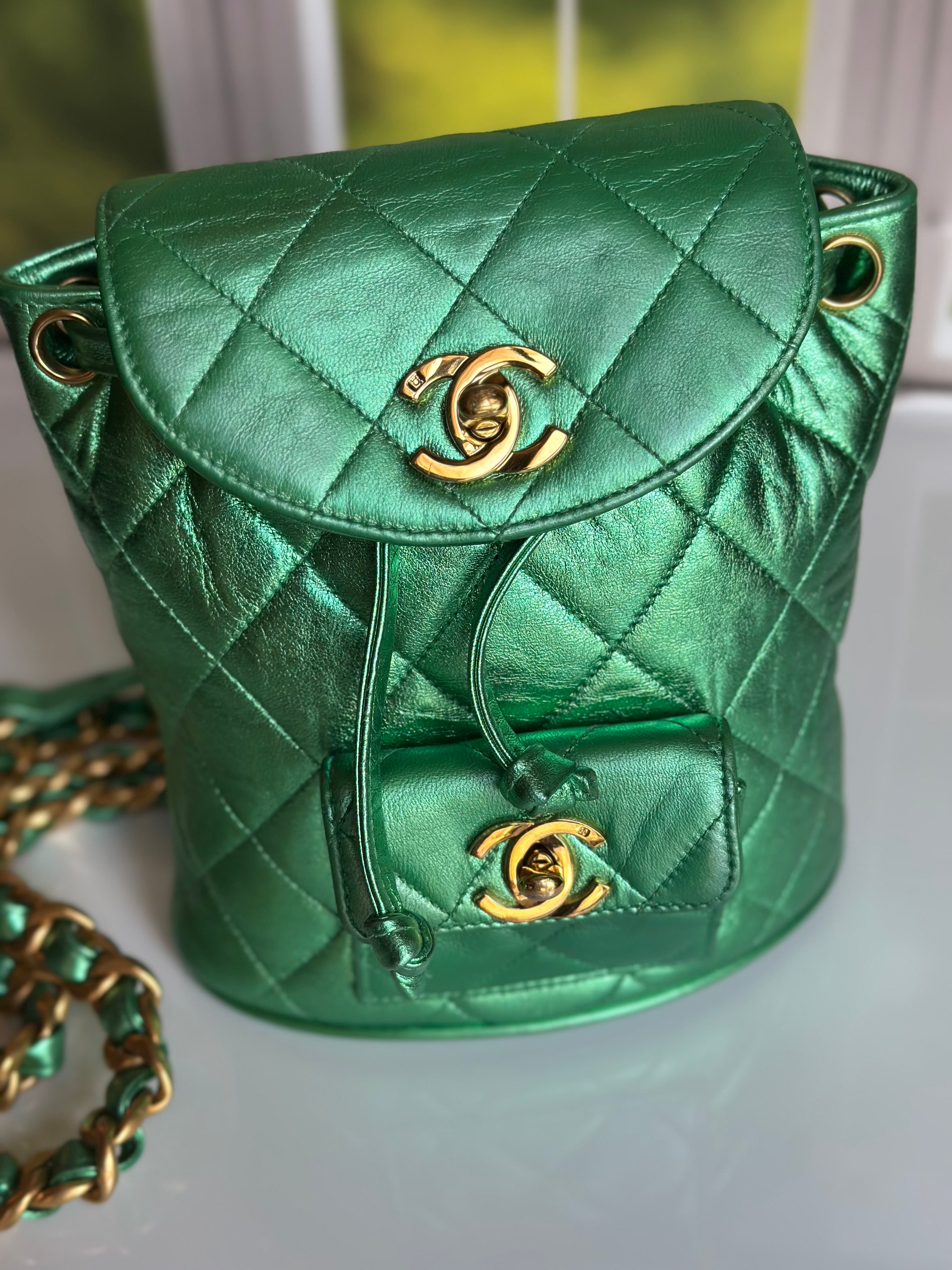 1994 Chanel Mini Duma Backpack Metallic Green Lambskin & 24K Gold Plated Hardware
