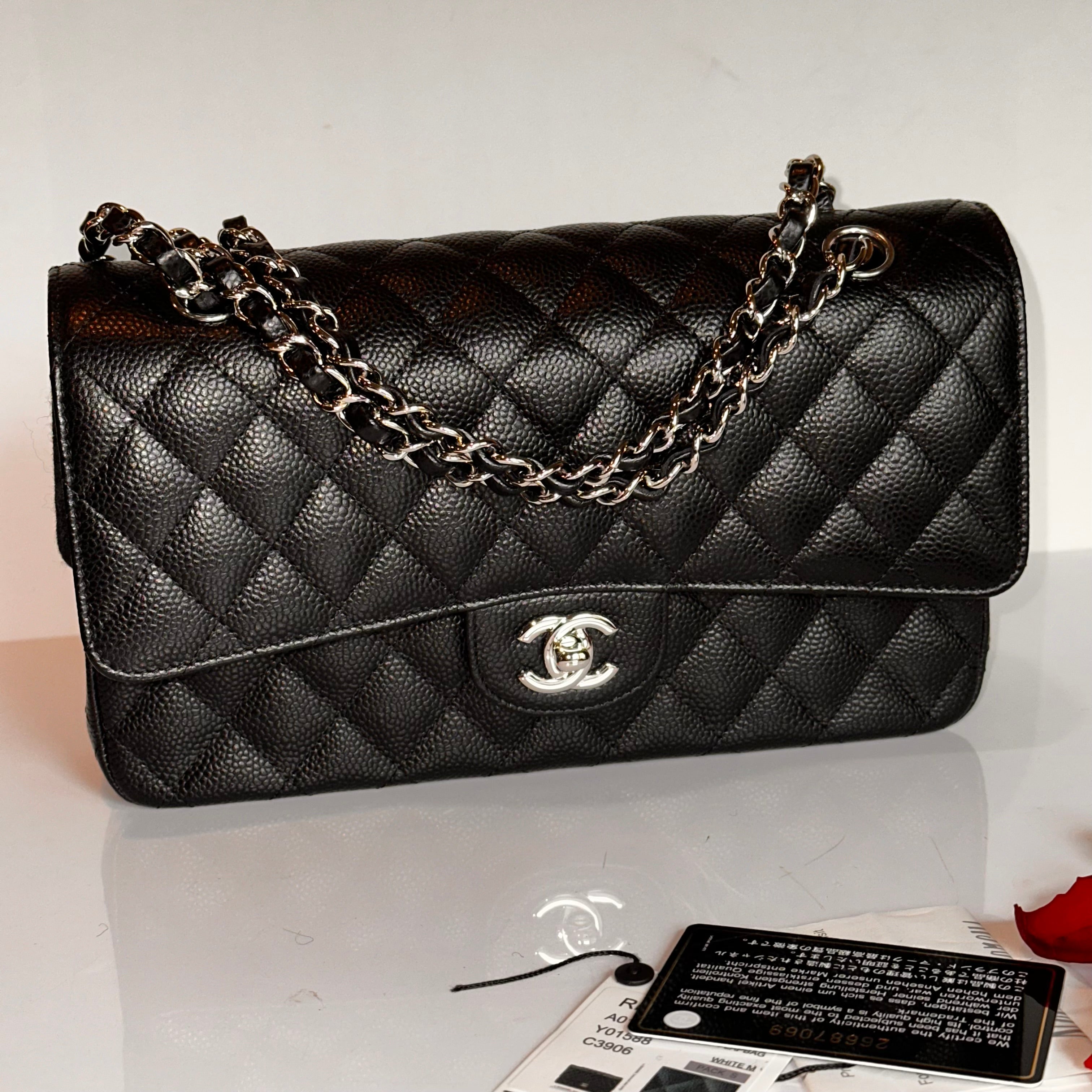 CHANEL Medium M/L Timeless Classic Quilted Double Flap Black Caviar/ 100% Naturally Grained Bordeaux LINING/ SHW