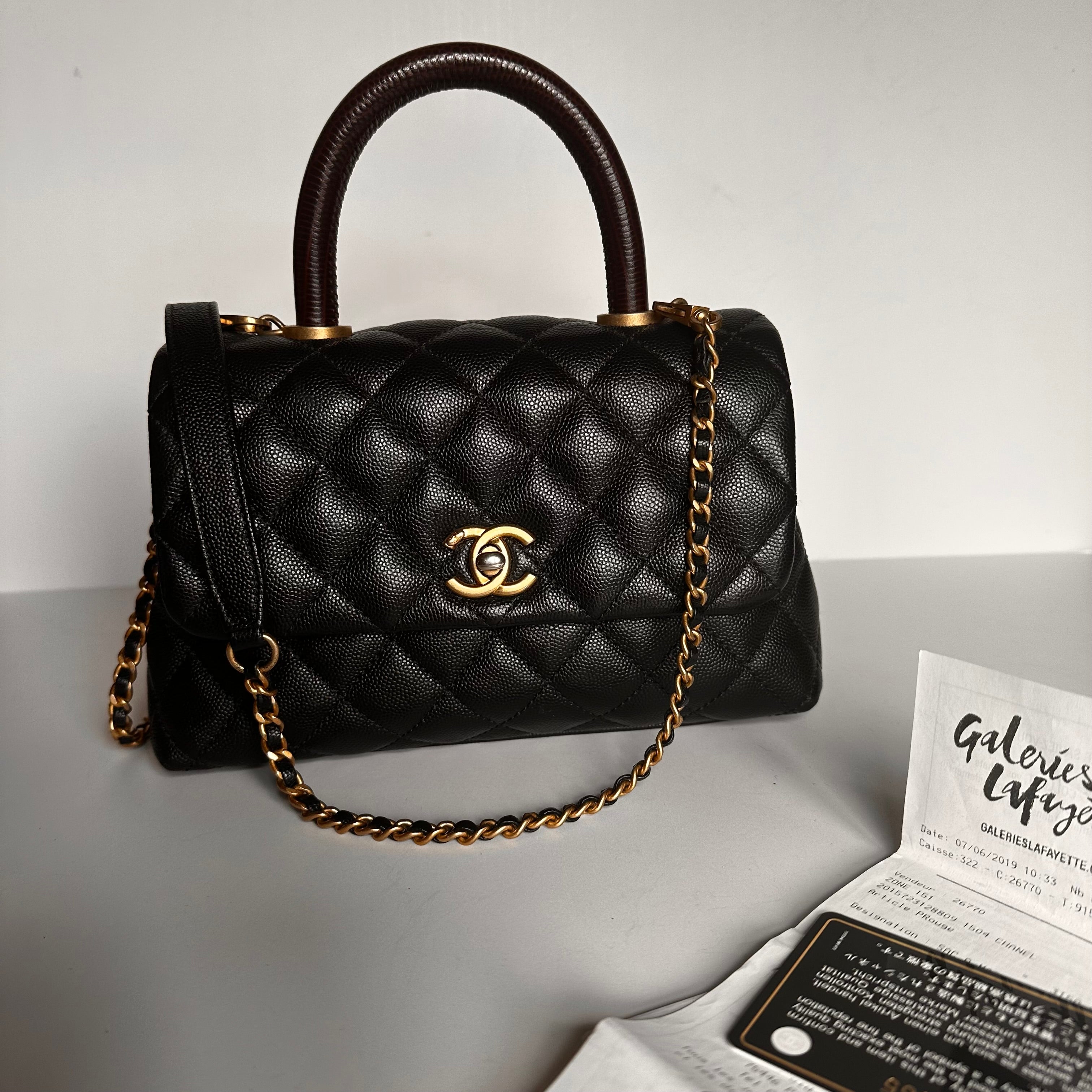 2019 Chanel Small Coco Handle Flap Black Caviar & Dark Burgundy Lizard Embossed Calfskin GHW