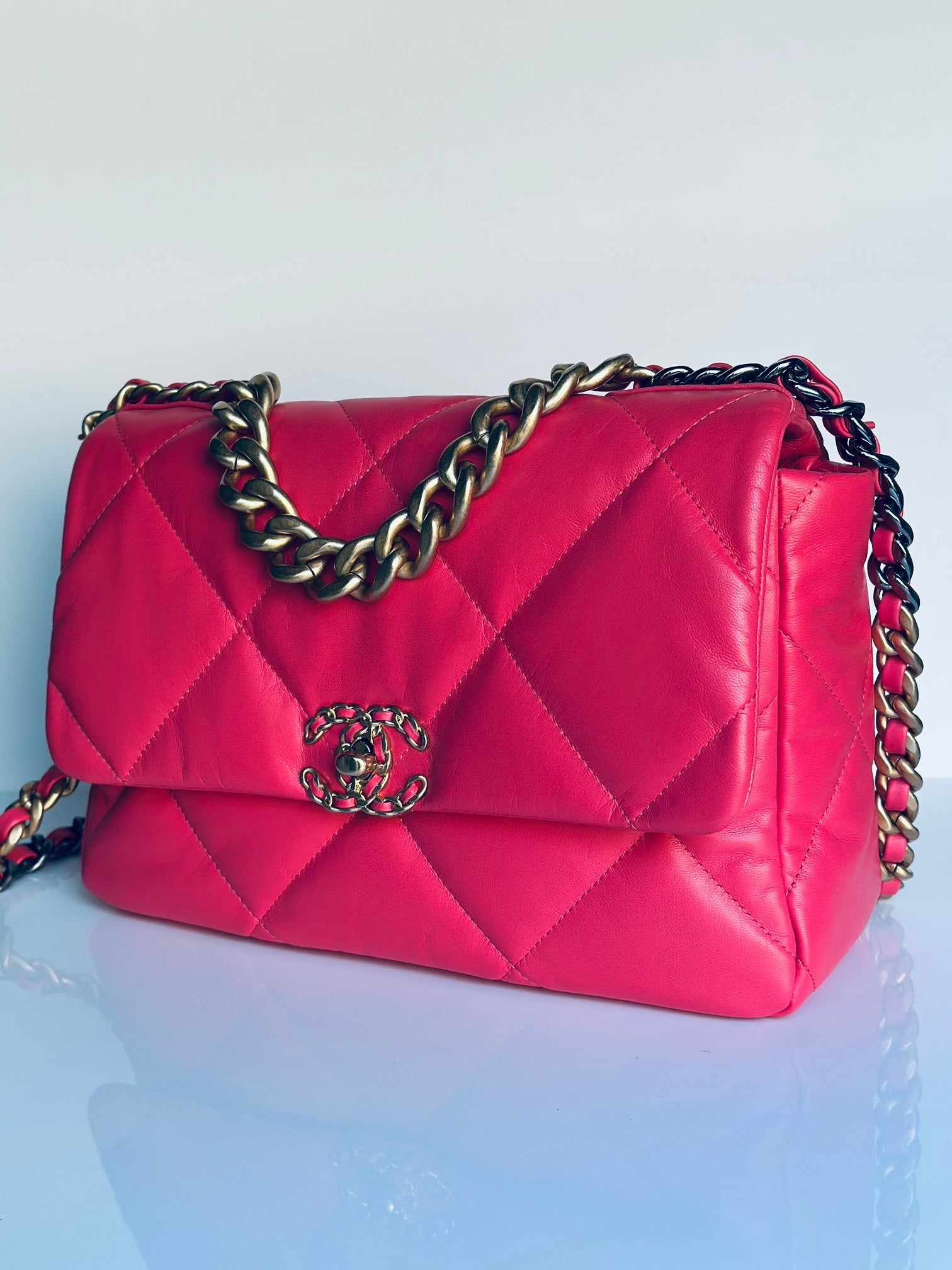 2020 Chanel 19 Large Flap Dark Pink Goatskin Trio-Mix Finish Hardware