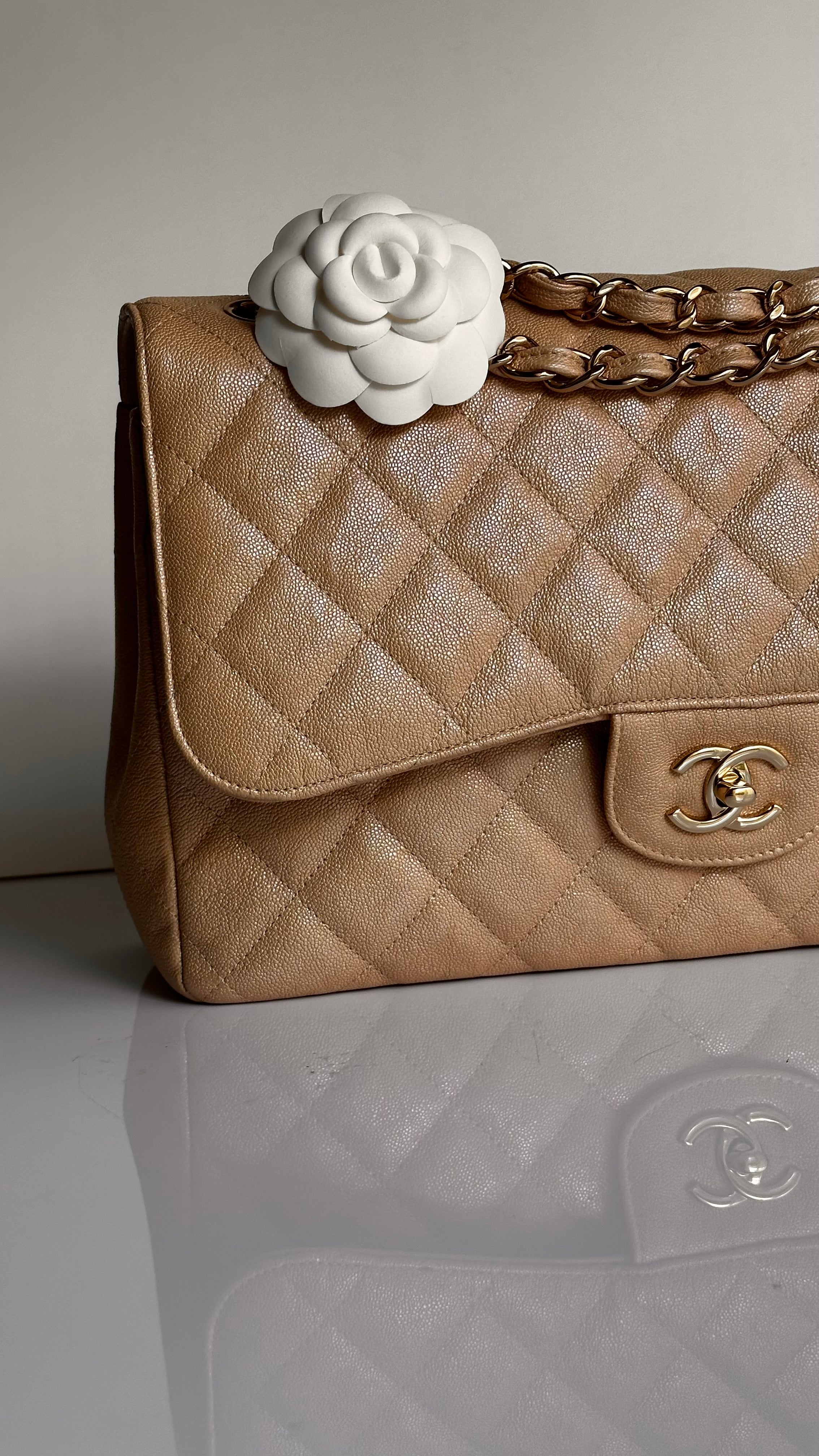 19S Chanel Timeless Classic Jumbo Iridescent Beige Caviar LGHW