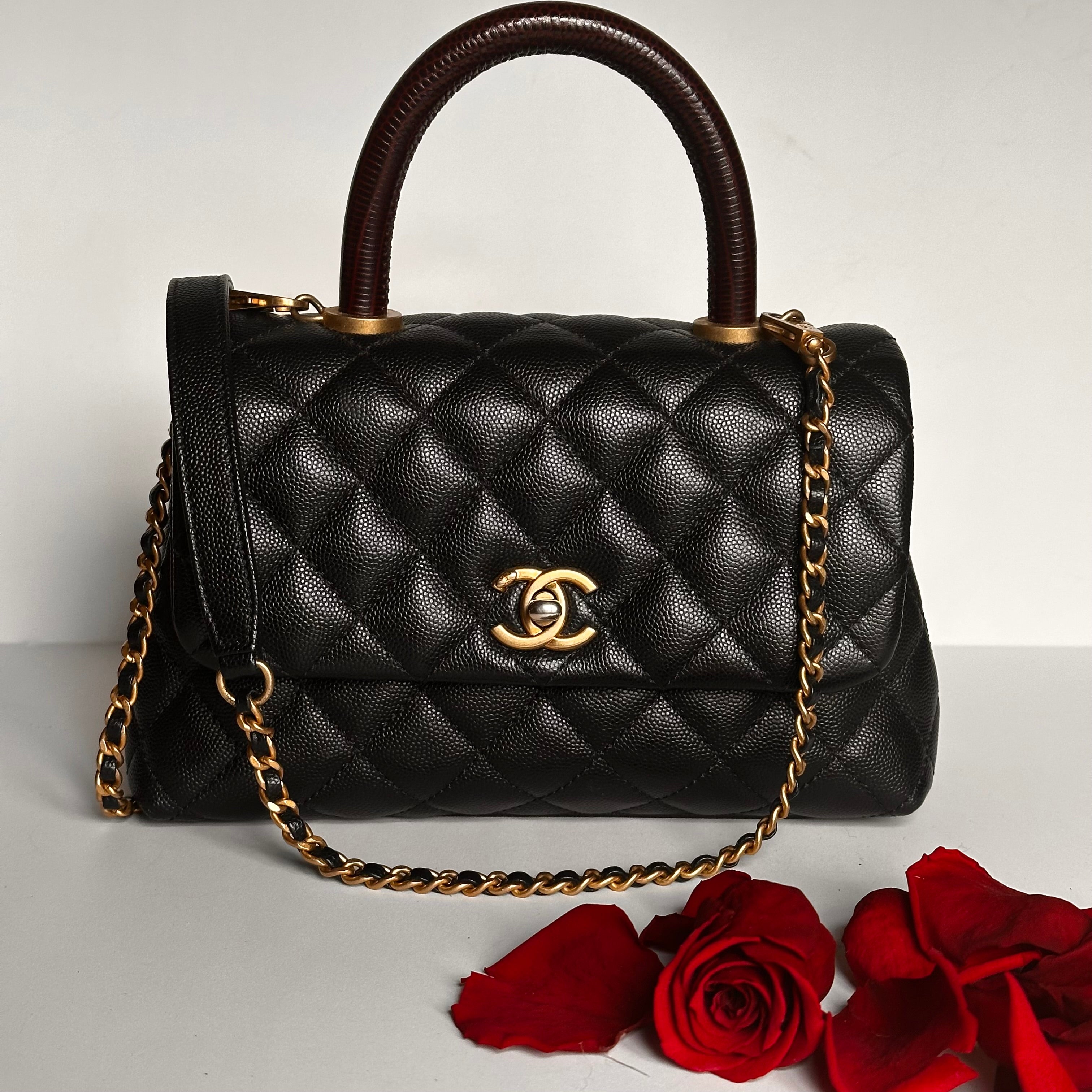 2019 Chanel Small Coco Handle Flap Black Caviar & Dark Burgundy Lizard Embossed Calfskin GHW