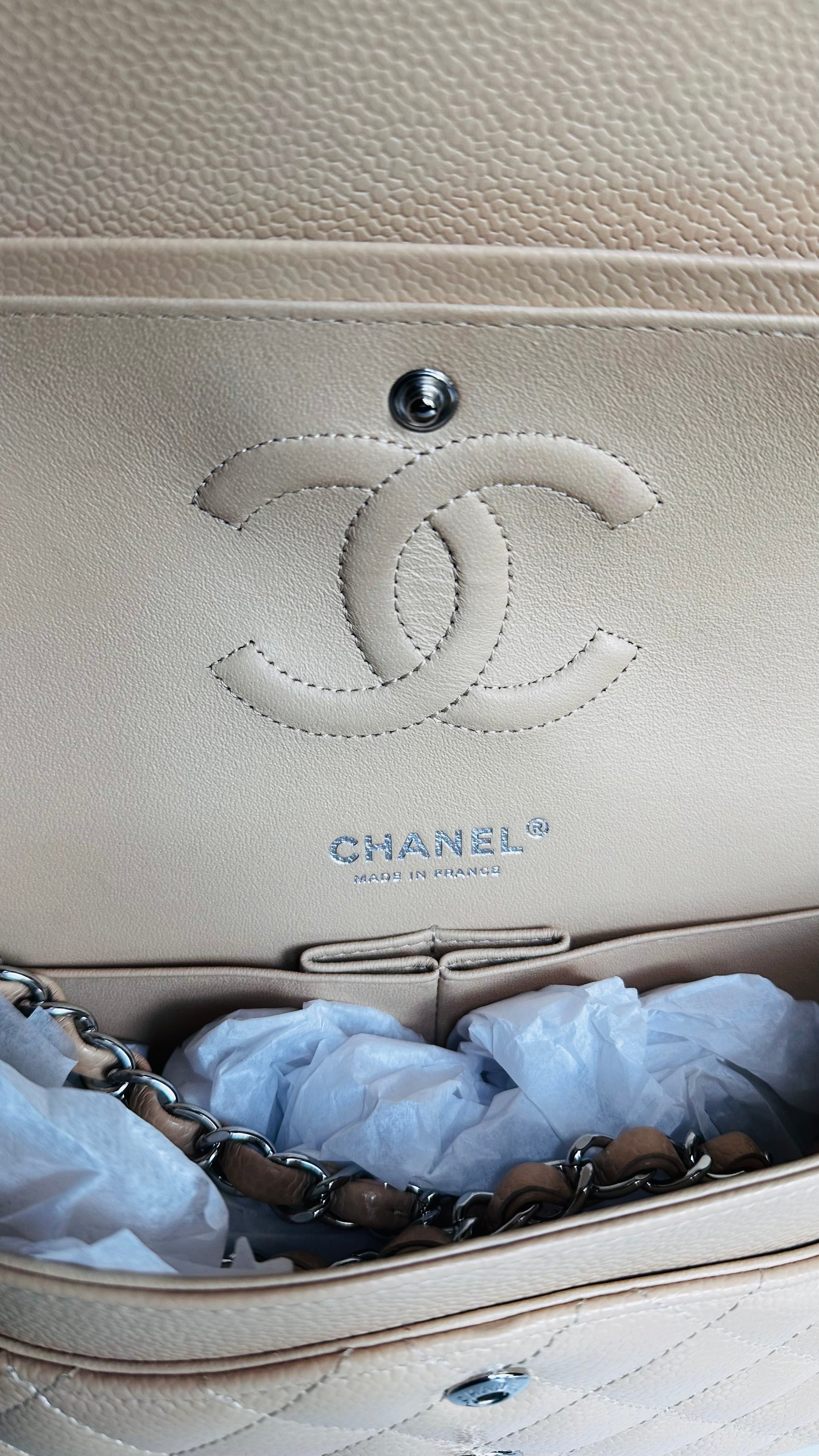 2022 Chanel Medium Classic Flap Beige Clair Caviar SHW