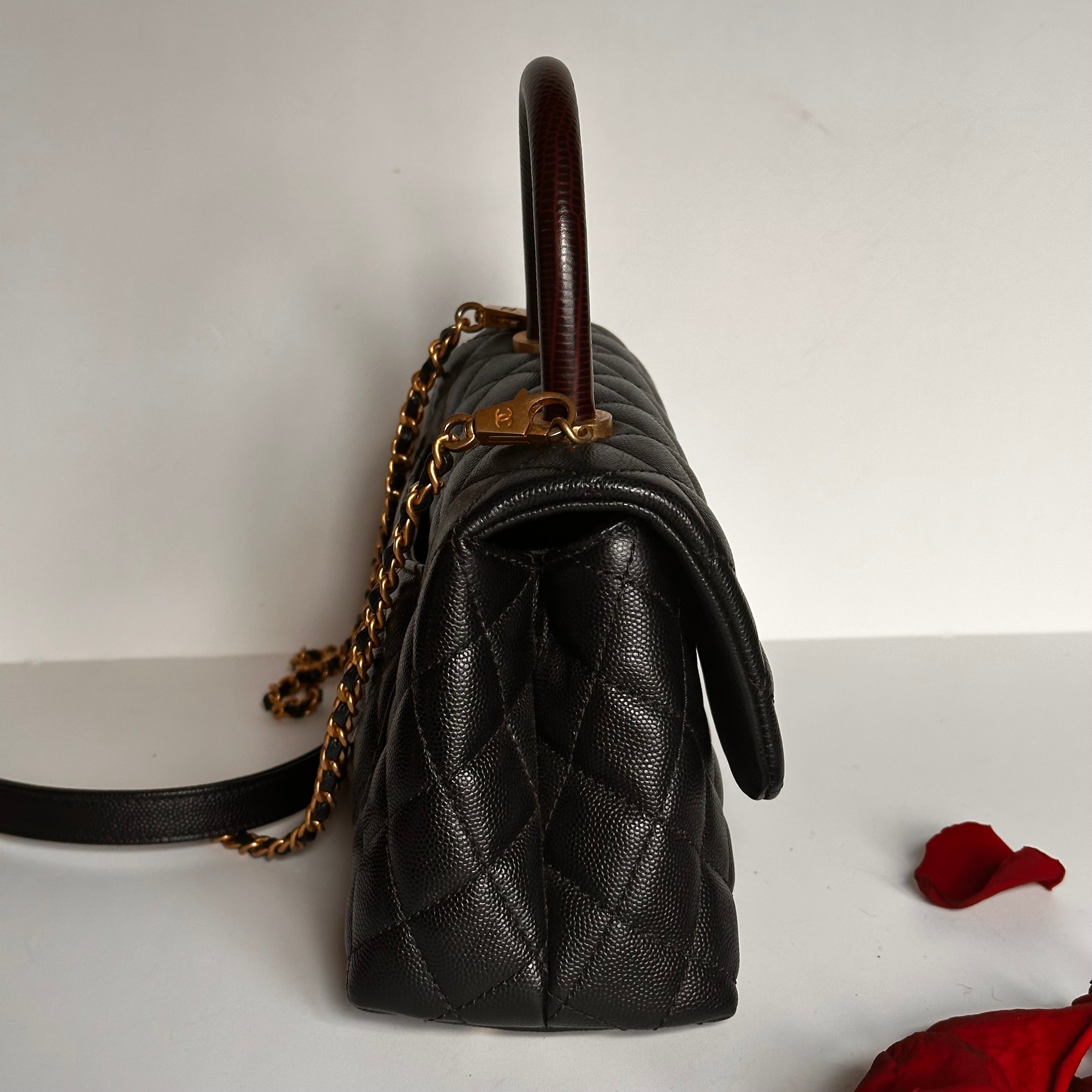 2019 Chanel Small Coco Handle Flap Black Caviar & Dark Burgundy Lizard Embossed Calfskin GHW
