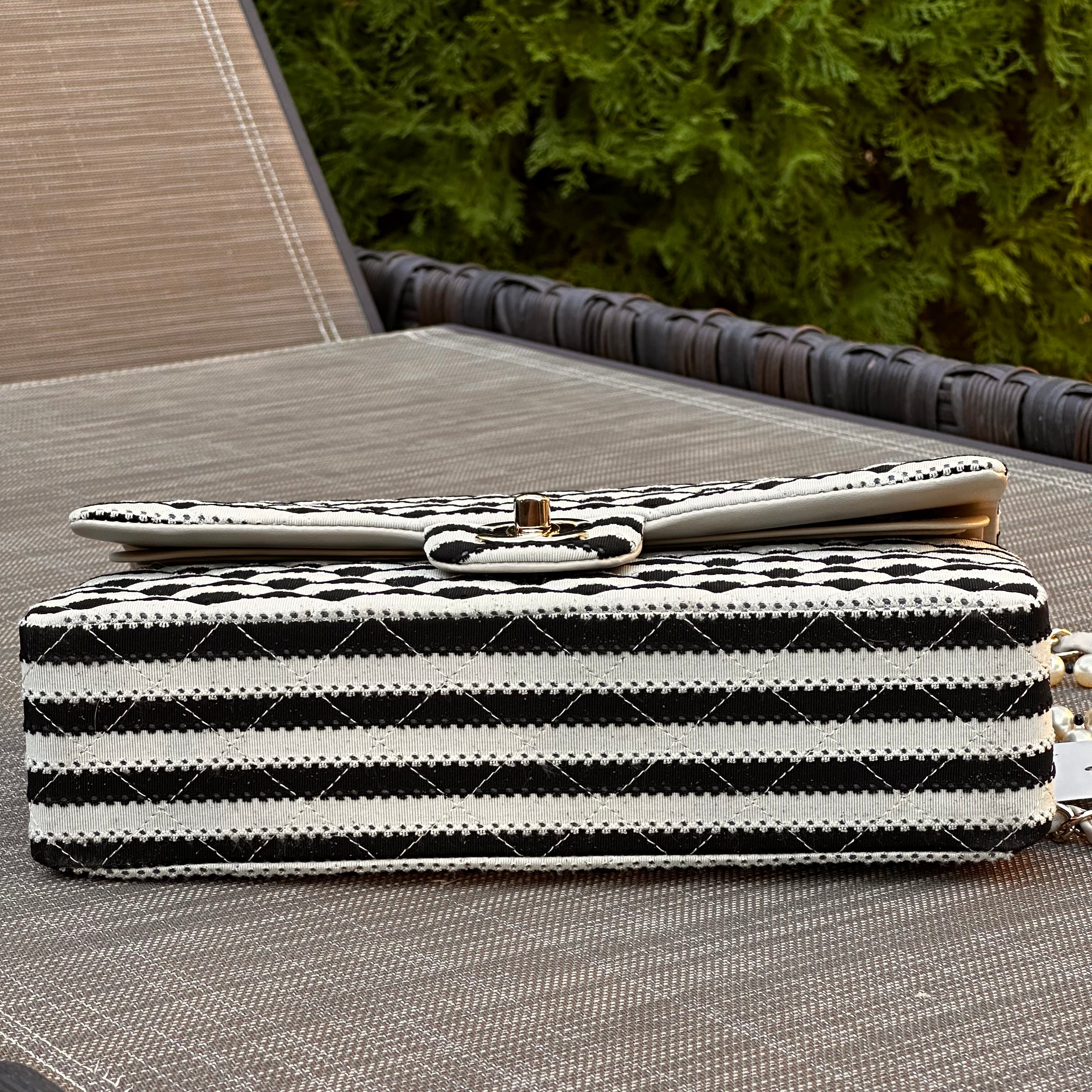 2014 Chanel Medium Flap Beige & Black Jersey LGHW