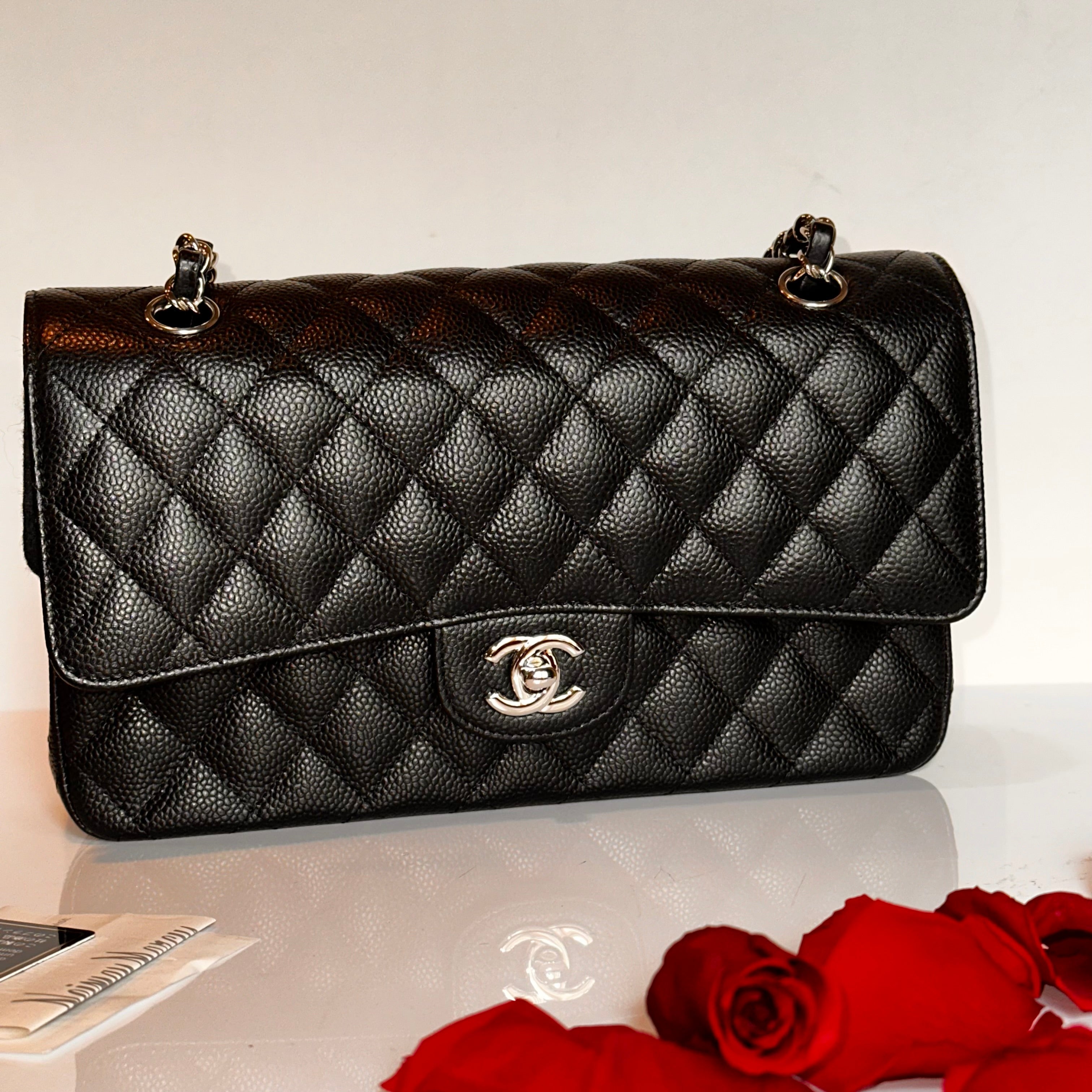 CHANEL Medium M/L Timeless Classic Quilted Double Flap Black Caviar/ 100% Naturally Grained Bordeaux LINING/ SHW