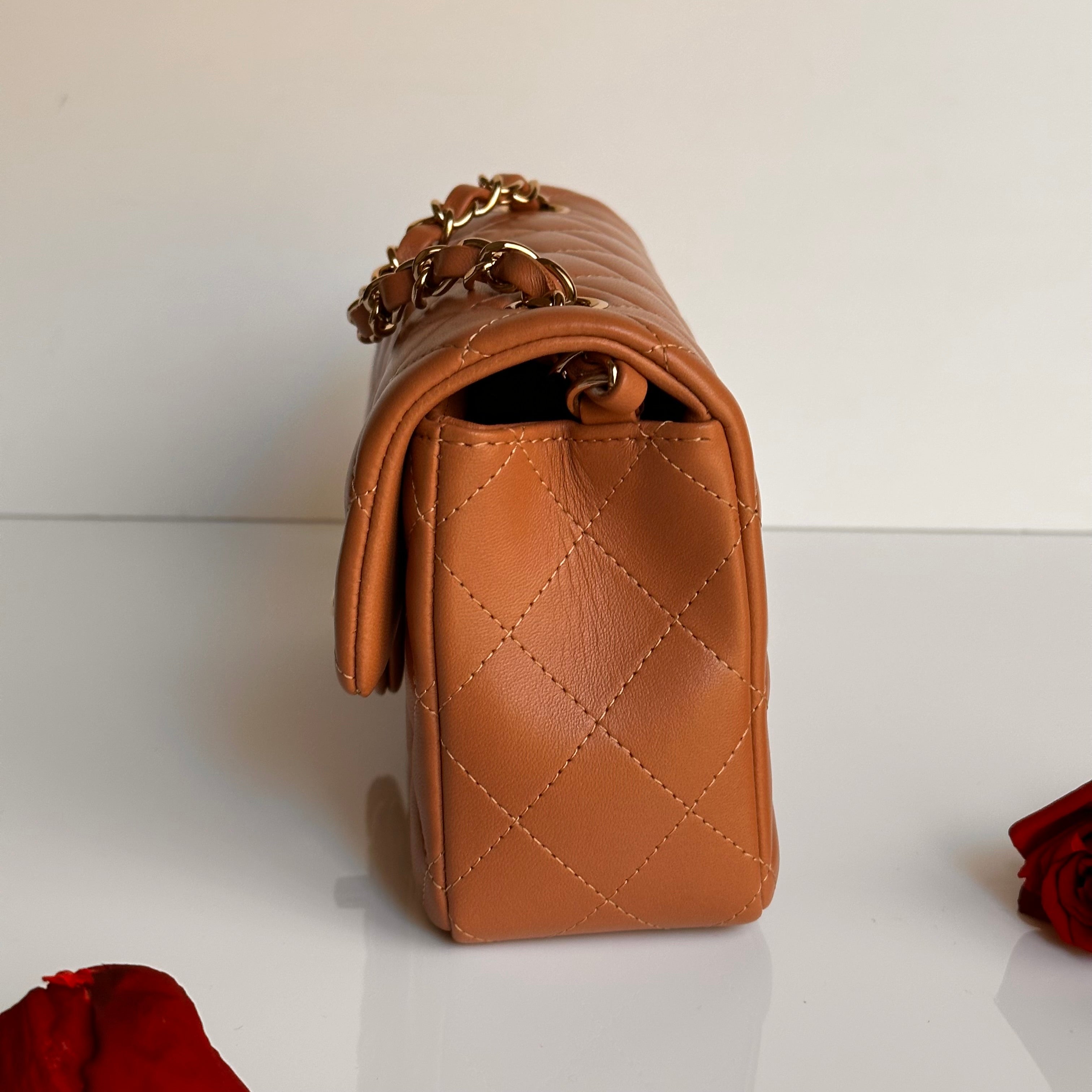 21P Chanel Mini Rectangular Classic Flap Caramel Brown Lambskin LGHW