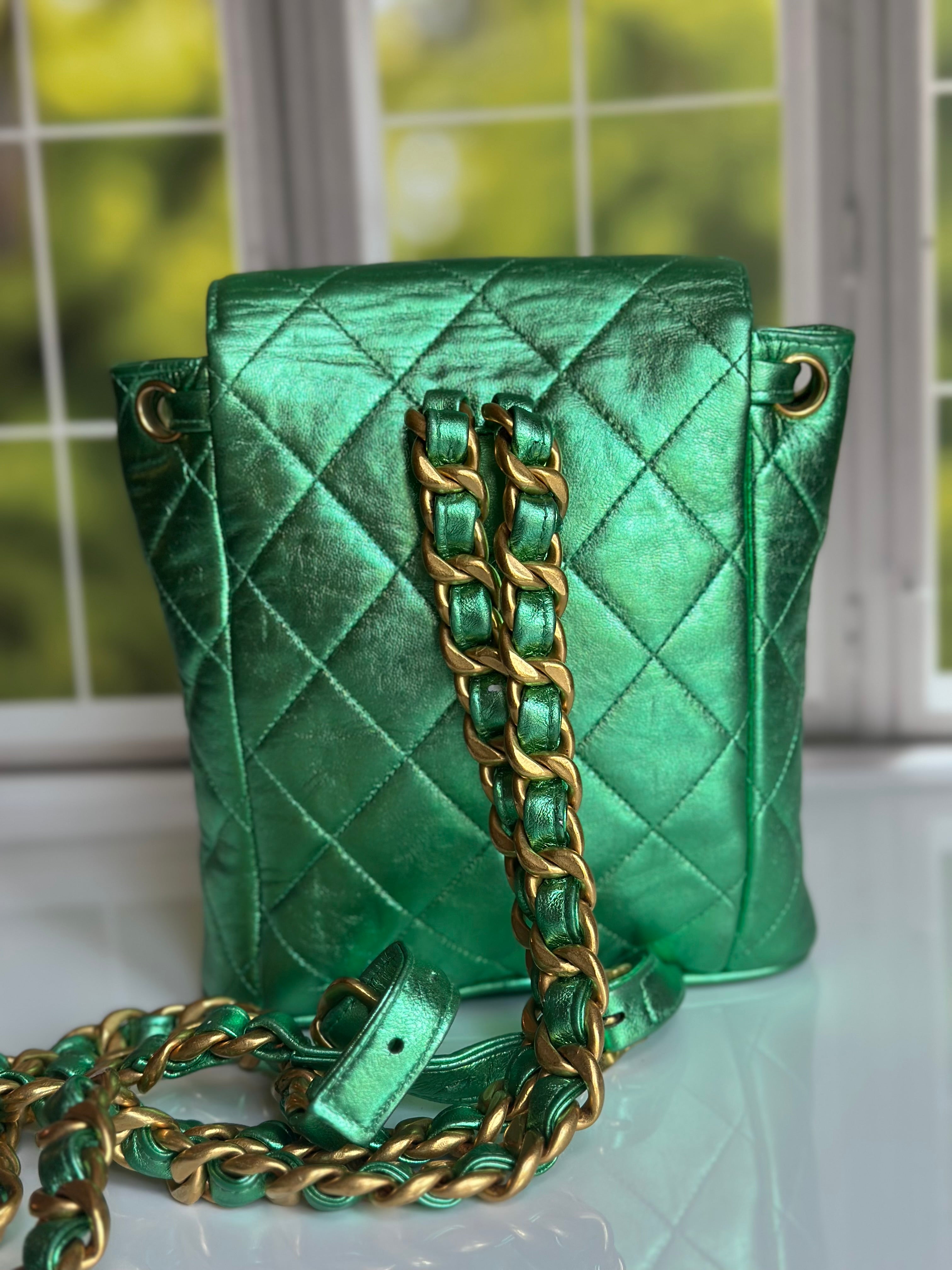 1994 Chanel Mini Duma Backpack Metallic Green Lambskin & 24K Gold Plated Hardware