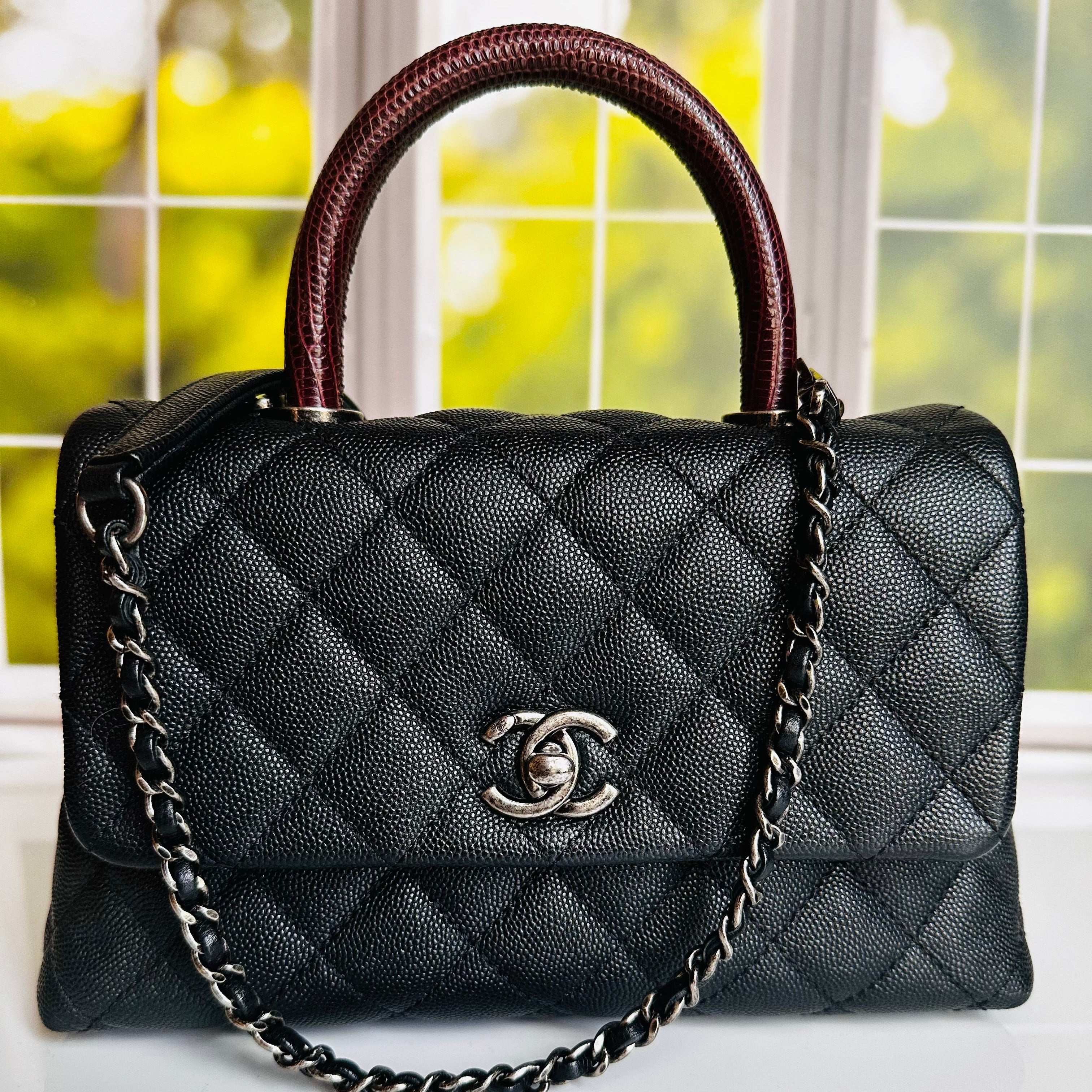 16B Chanel Small Coco Handle Black Caviar & Ruthenium Hardware w/Lizard Accent