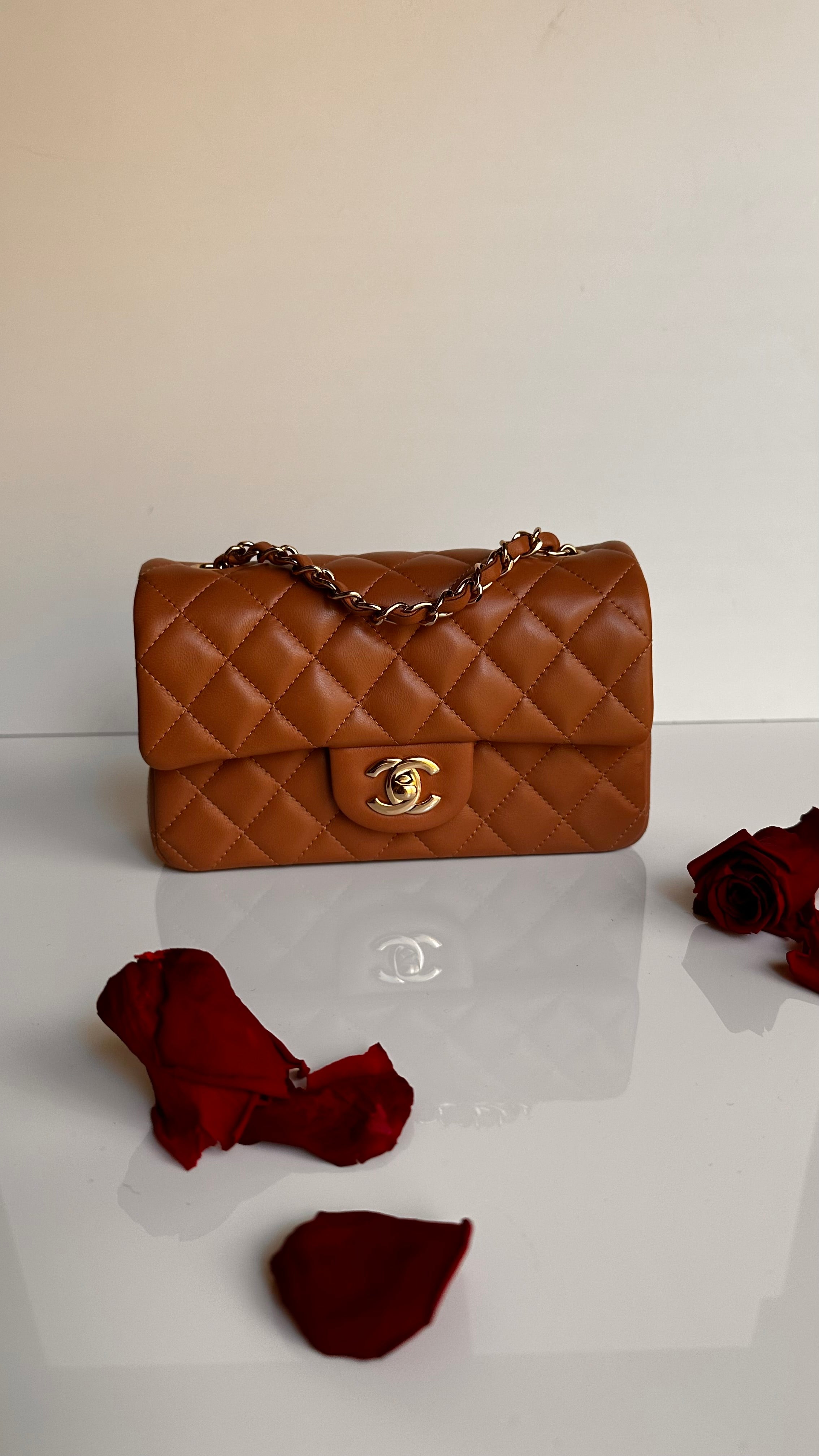21P Chanel Mini Rectangular Classic Flap Caramel Brown Lambskin LGHW