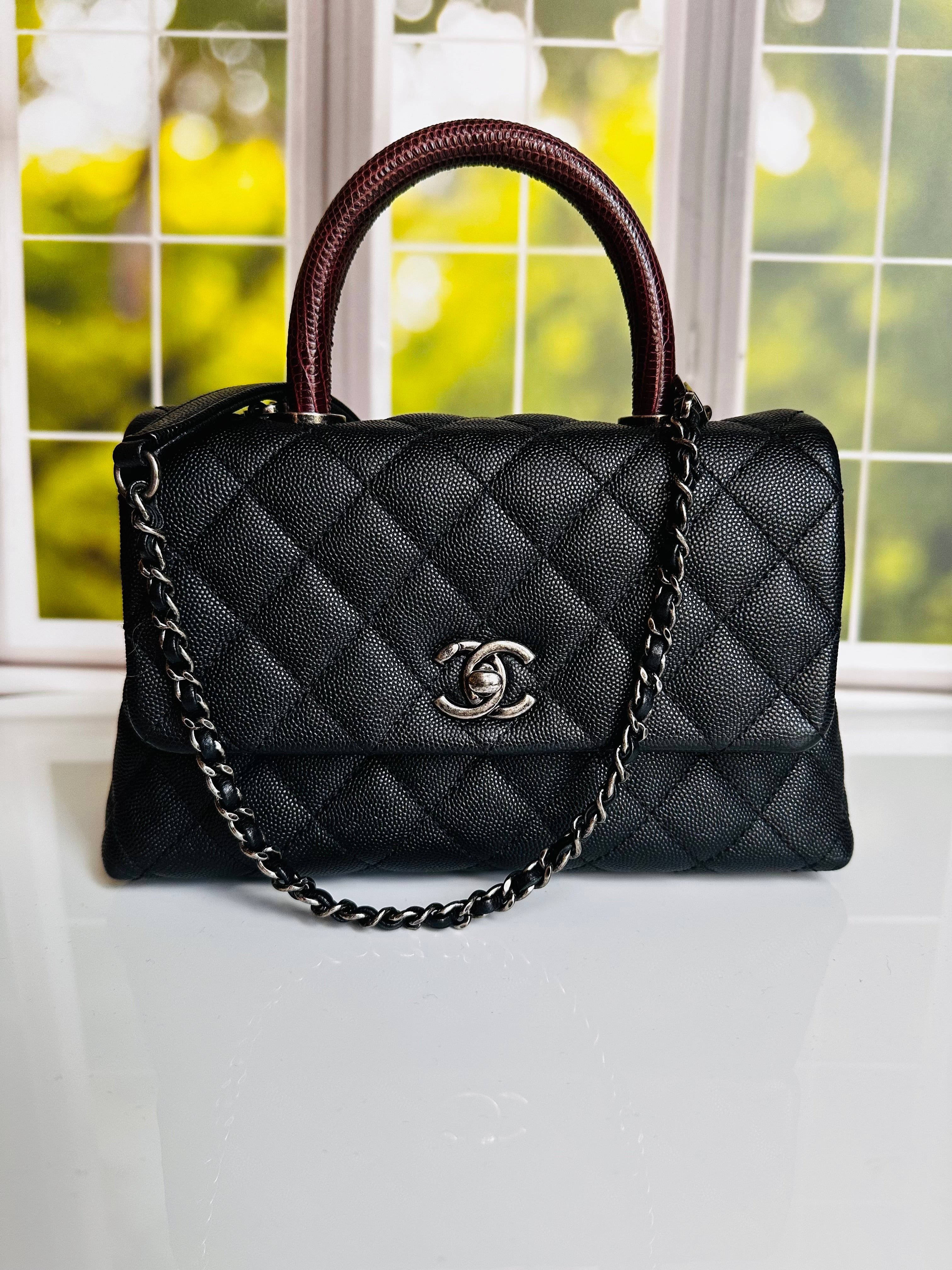 16B Chanel Small Coco Handle Black Caviar & Ruthenium Hardware w/Lizard Accent