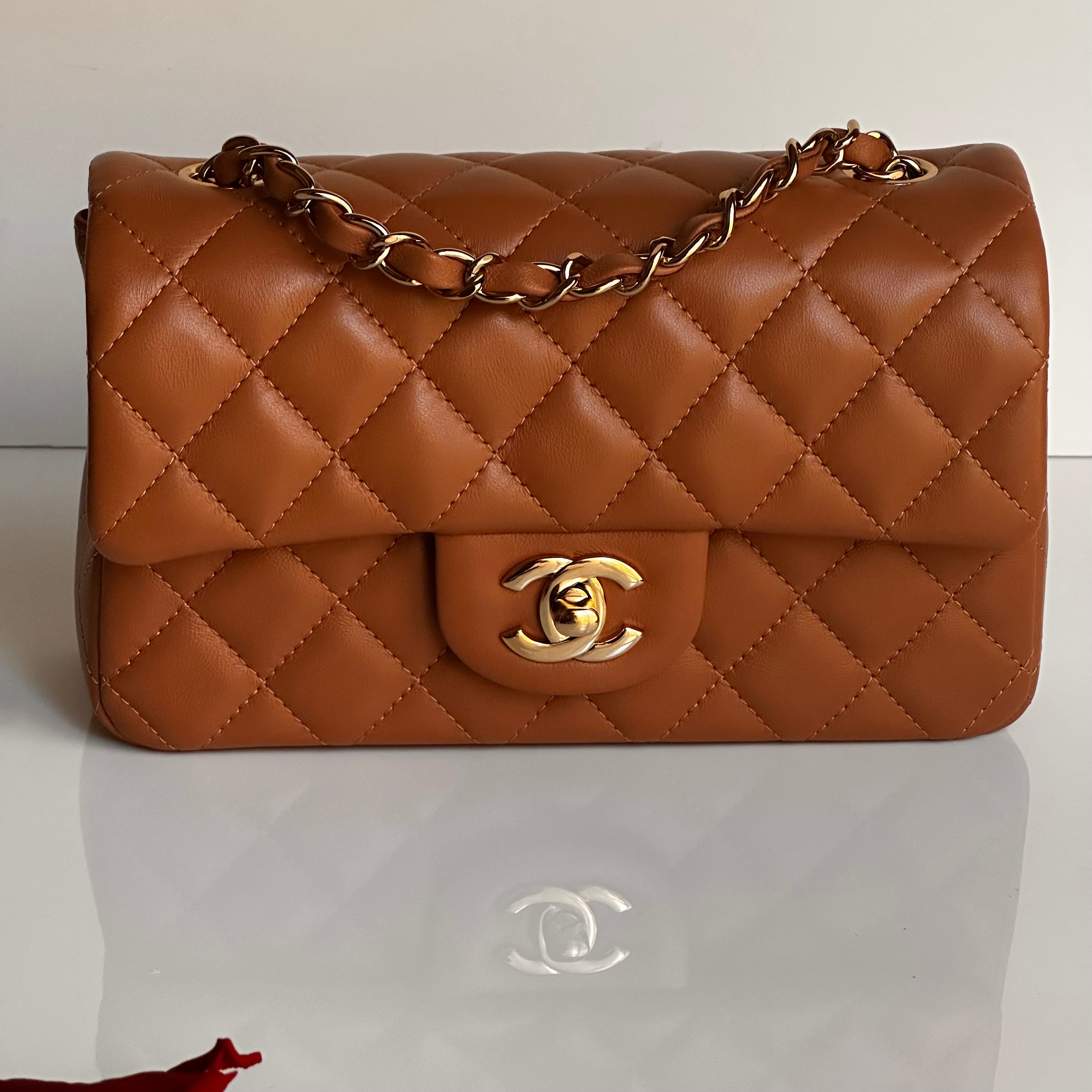21P Chanel Mini Rectangular Classic Flap Caramel Brown Lambskin LGHW