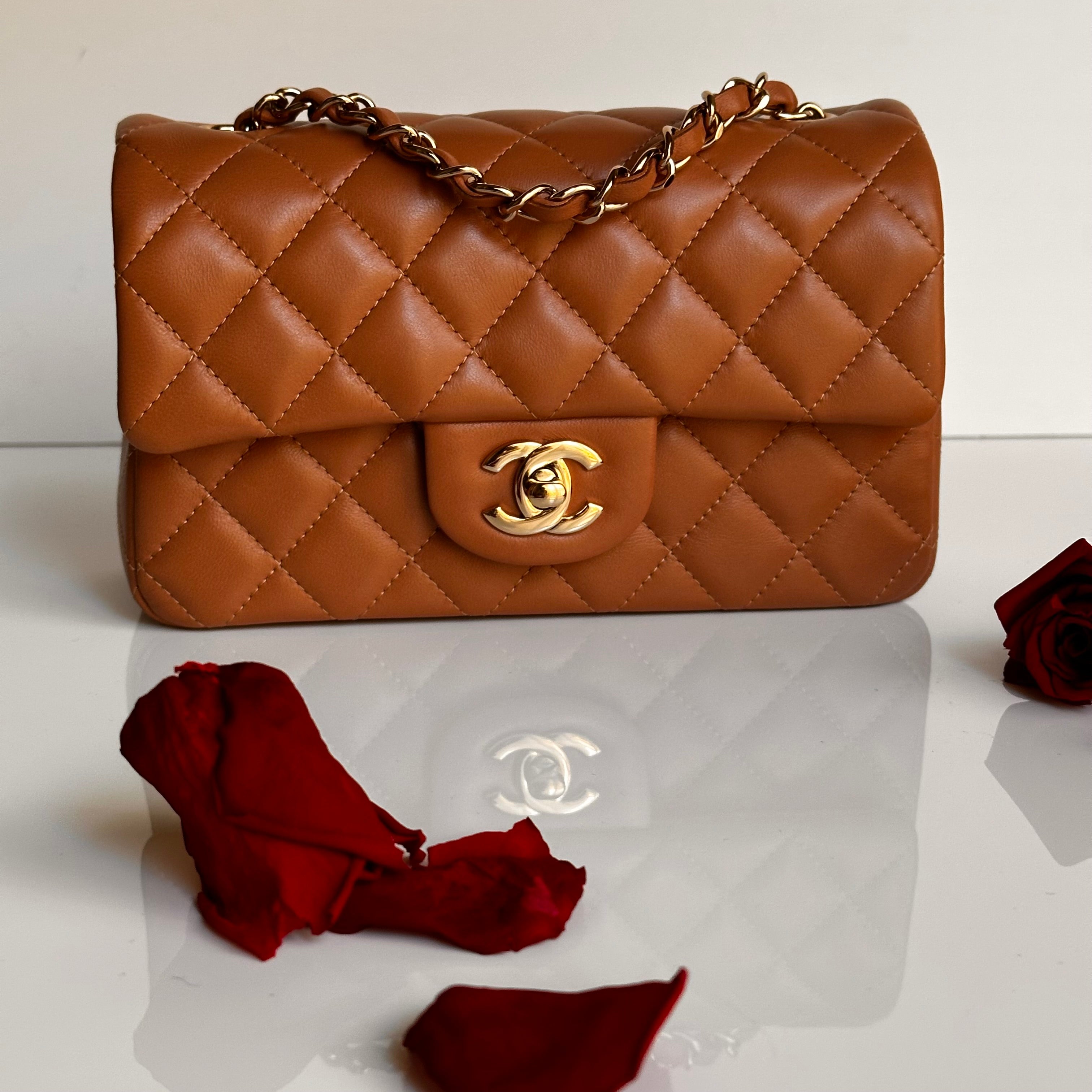 21P Chanel Mini Rectangular Classic Flap Caramel Brown Lambskin LGHW