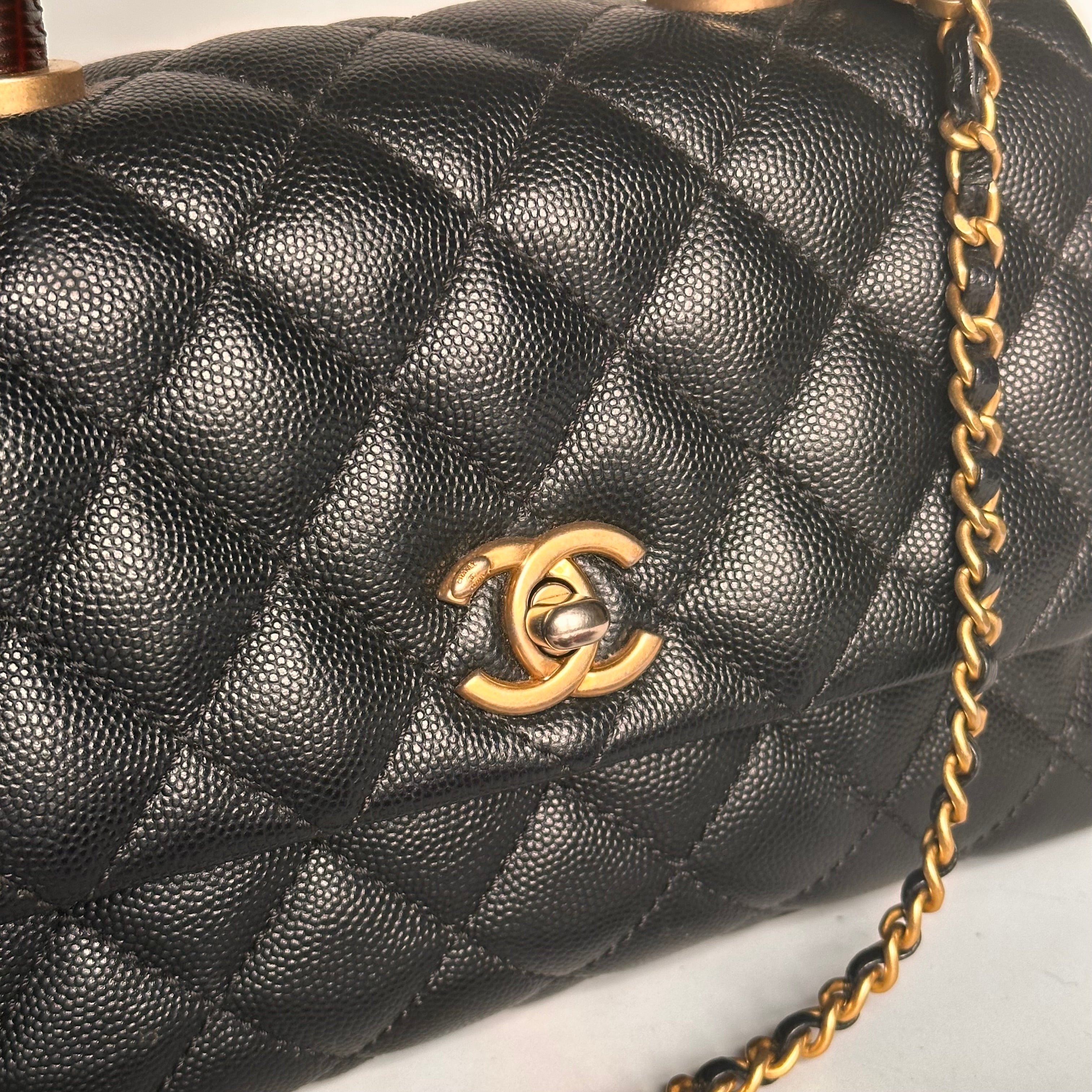 2019 Chanel Small Coco Handle Flap Black Caviar & Dark Burgundy Lizard Embossed Calfskin GHW