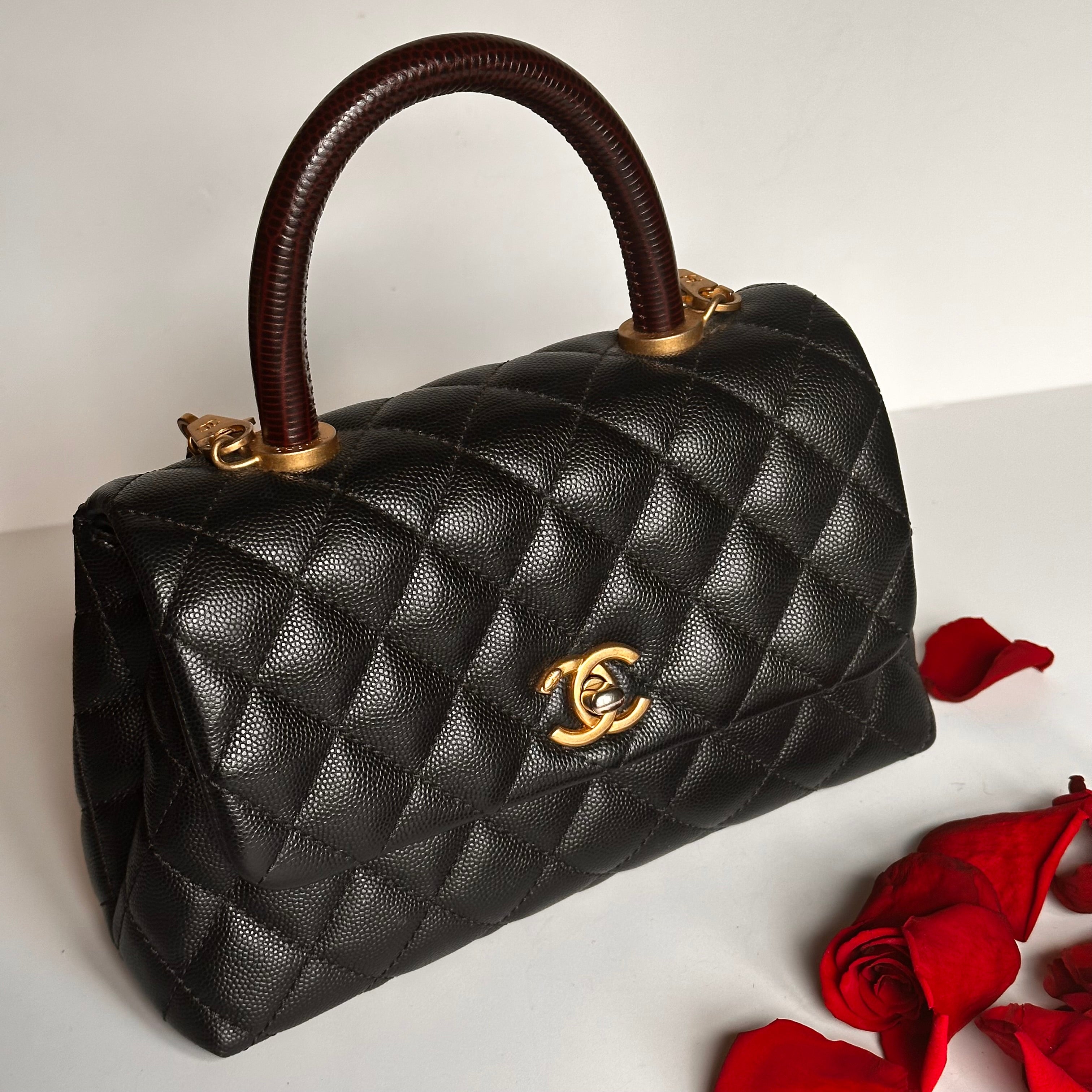 2019 Chanel Small Coco Handle Flap Black Caviar & Dark Burgundy Lizard Embossed Calfskin GHW