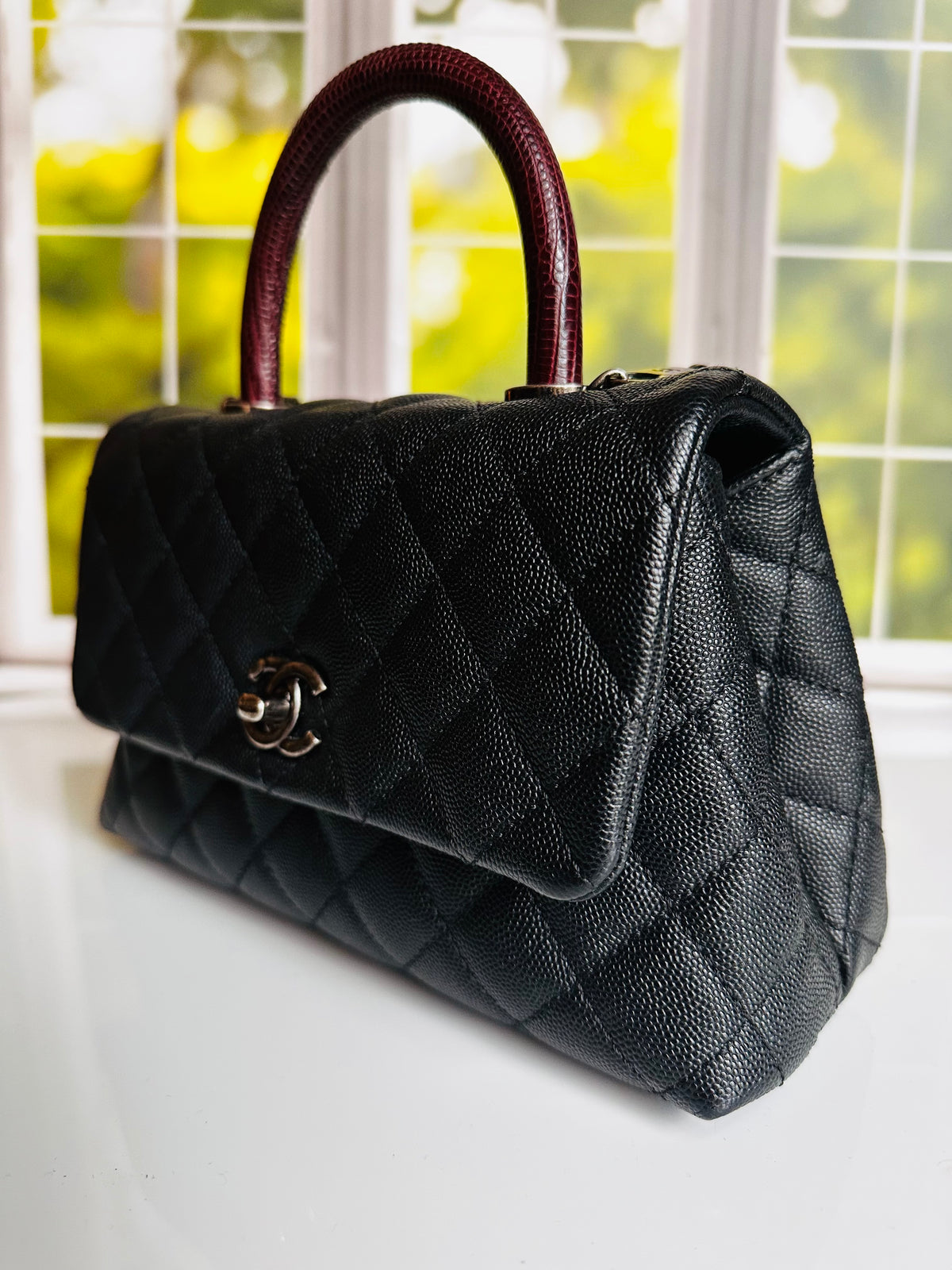 16B Chanel Small Coco Handle Black Caviar & Ruthenium Hardware w/Lizard Accent