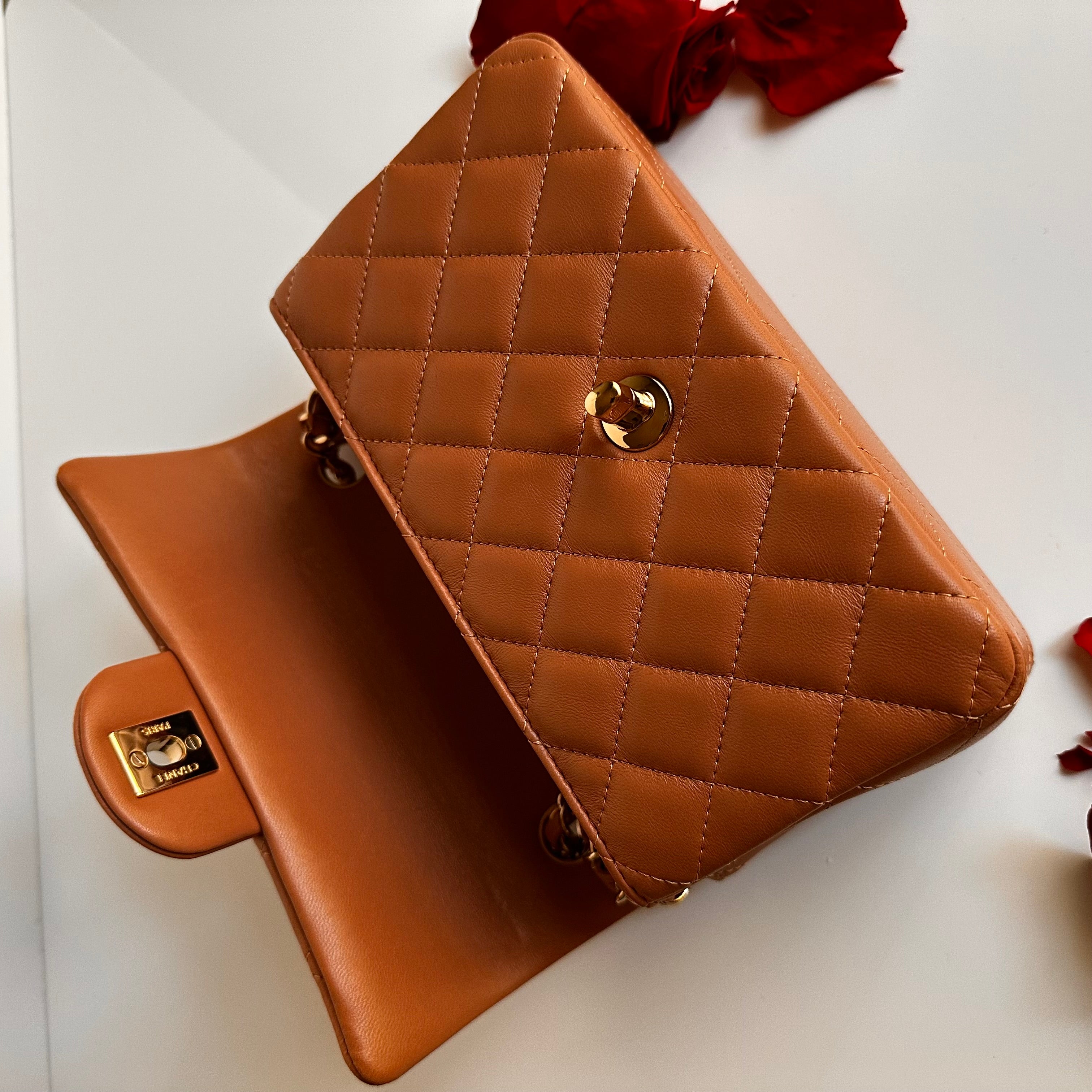 21P Chanel Mini Rectangular Classic Flap Caramel Brown Lambskin LGHW