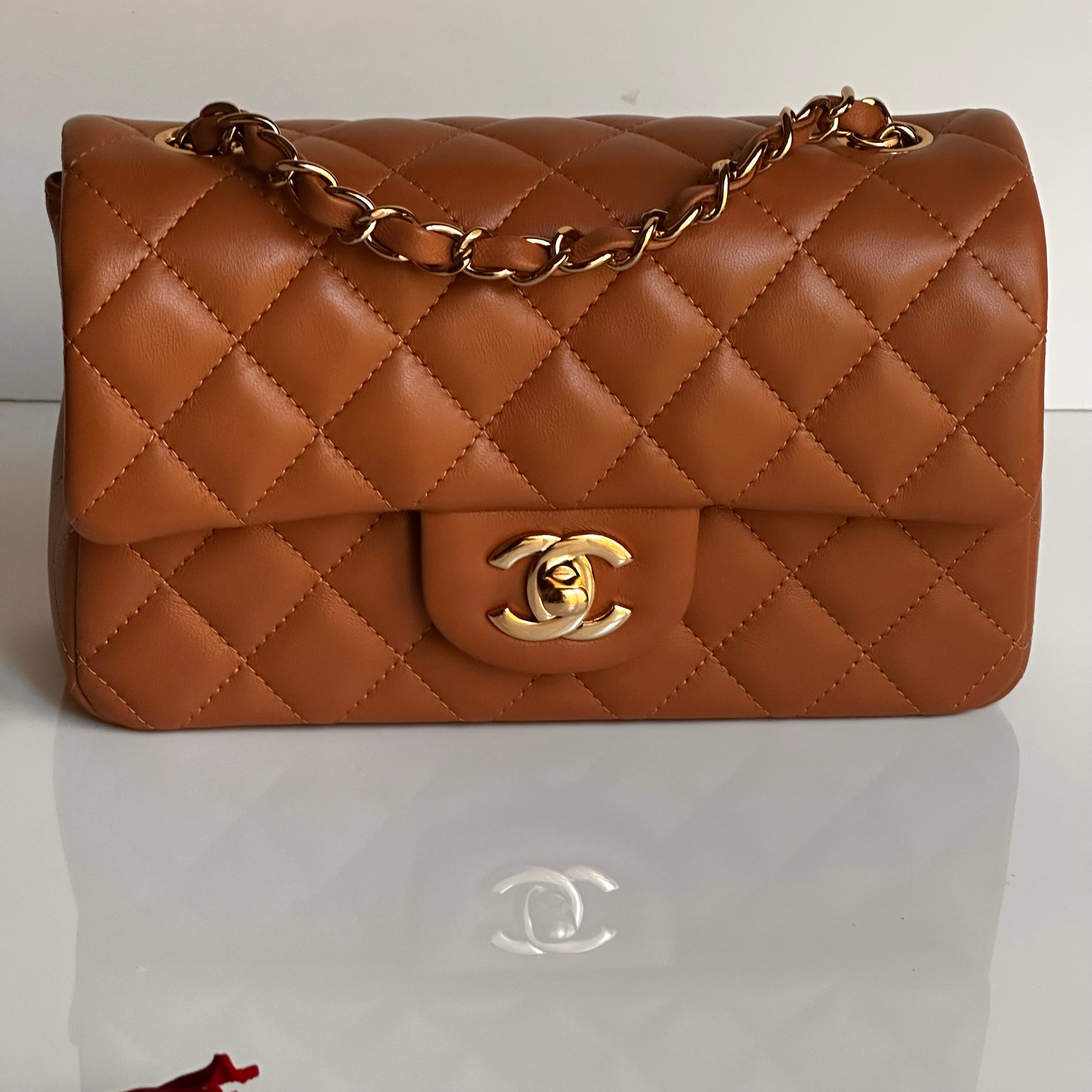 21P Chanel Mini Rectangular Classic Flap Caramel Brown Lambskin LGHW
