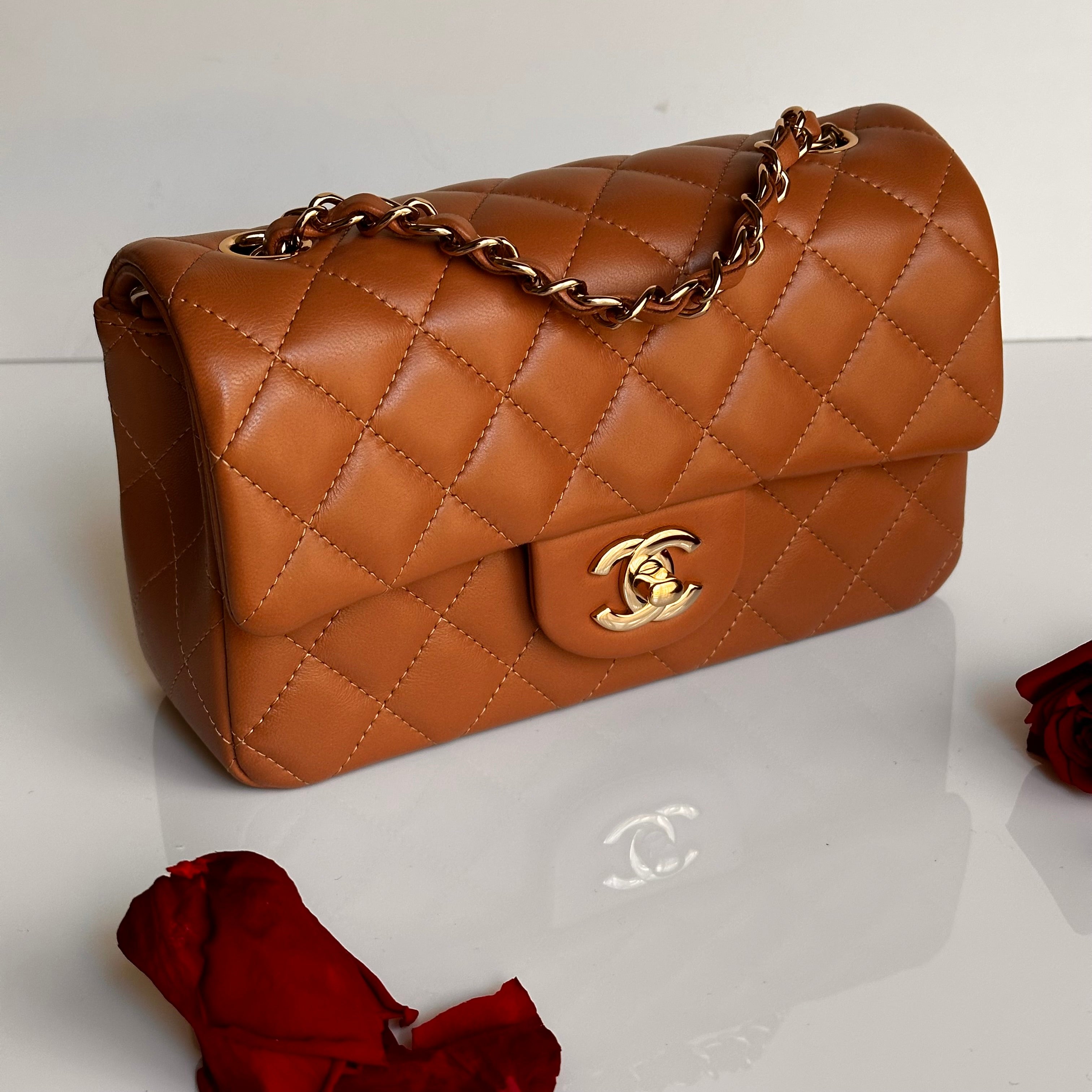 21P Chanel Mini Rectangular Classic Flap Caramel Brown Lambskin LGHW