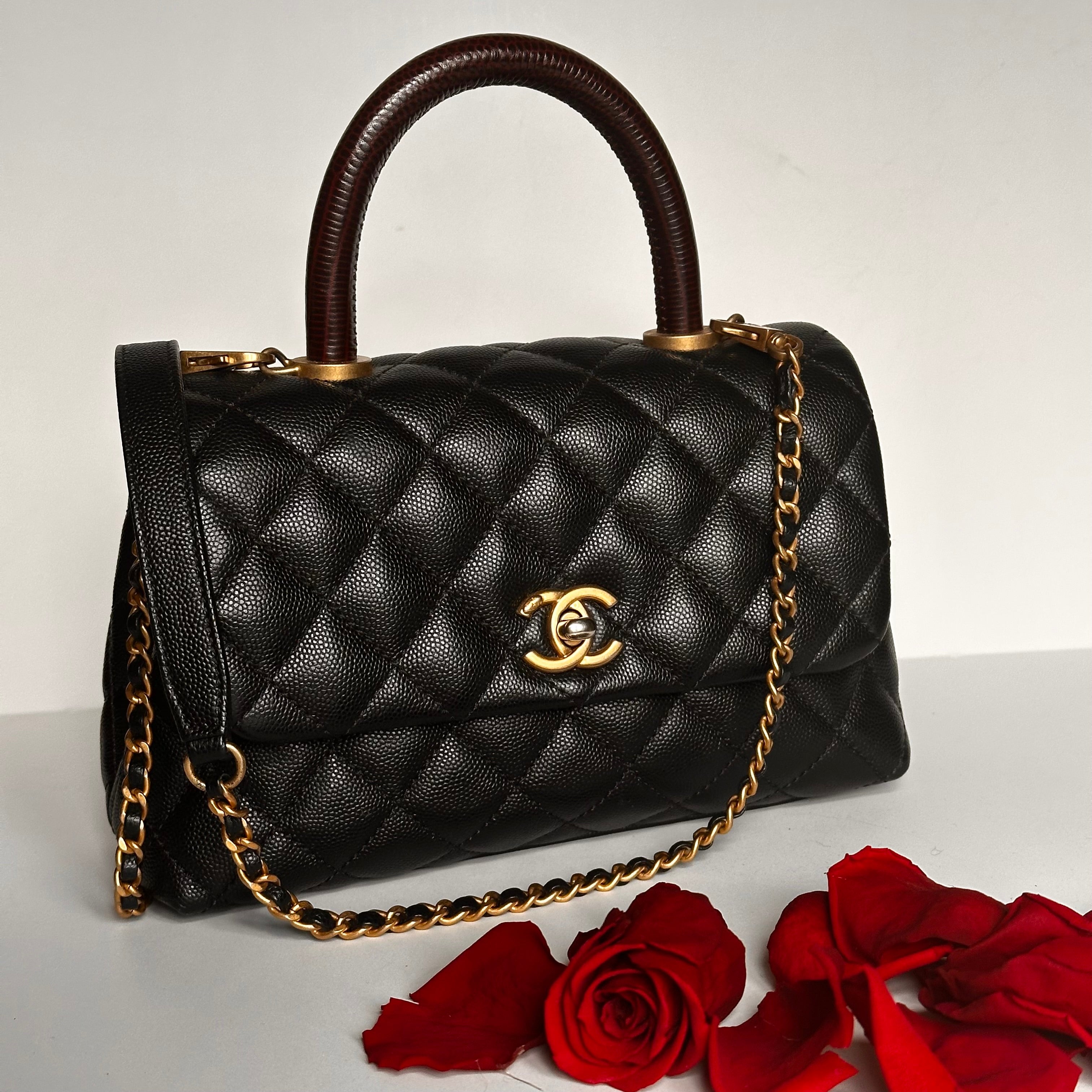 2019 Chanel Small Coco Handle Flap Black Caviar & Dark Burgundy Lizard Embossed Calfskin GHW