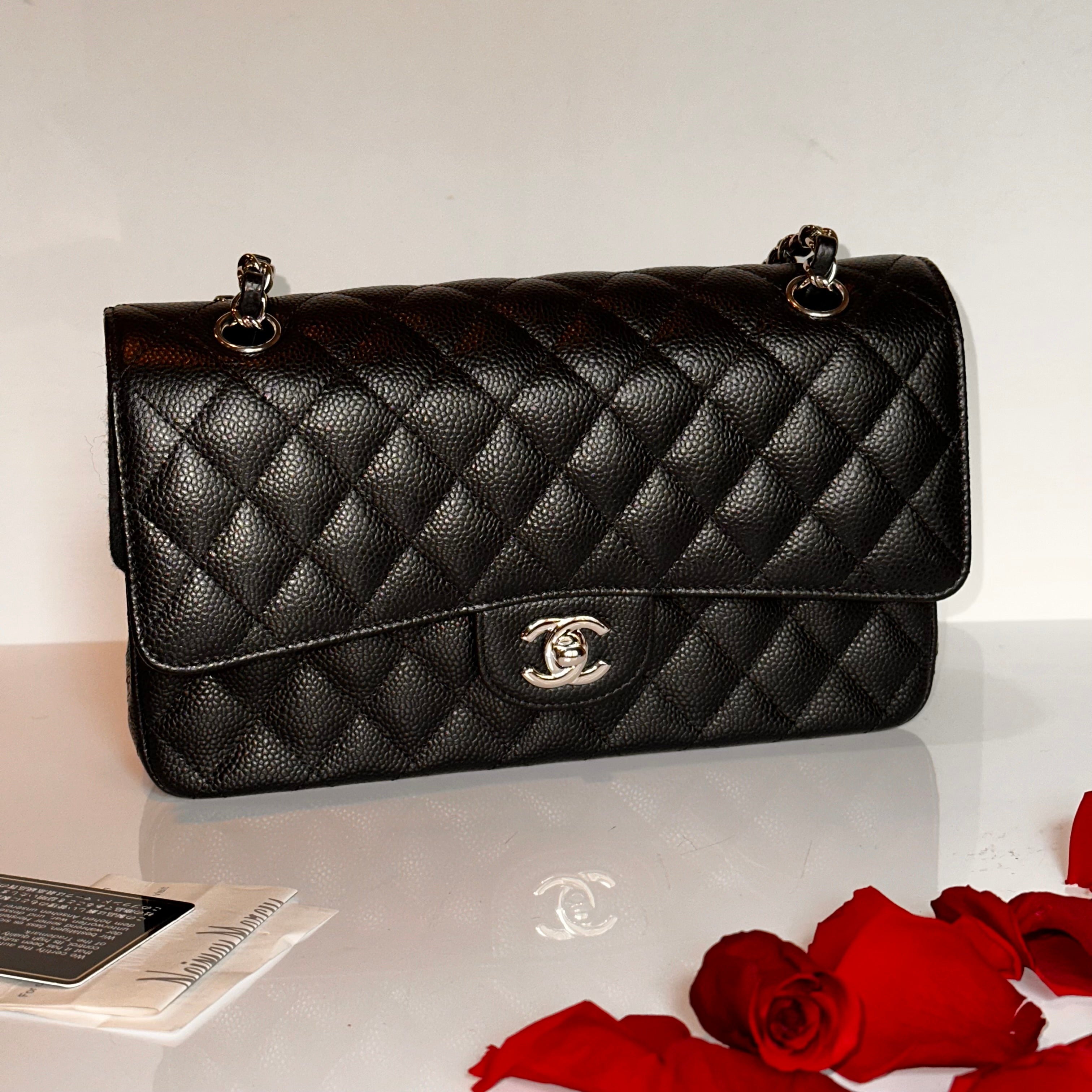 CHANEL Medium M/L Timeless Classic Quilted Double Flap Black Caviar/ 100% Naturally Grained Bordeaux LINING/ SHW