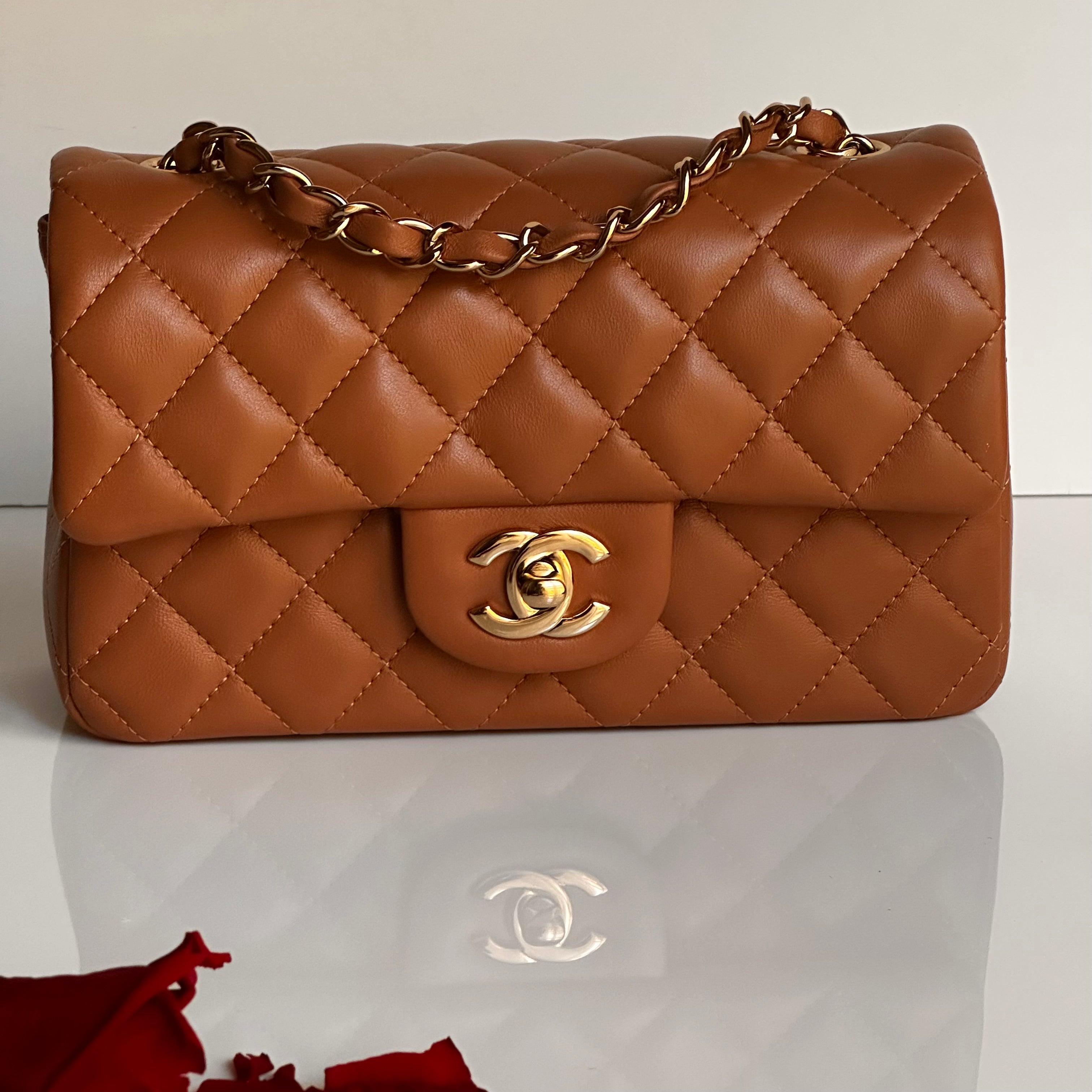 21P Chanel Mini Rectangular Classic Flap Caramel Brown Lambskin LGHW