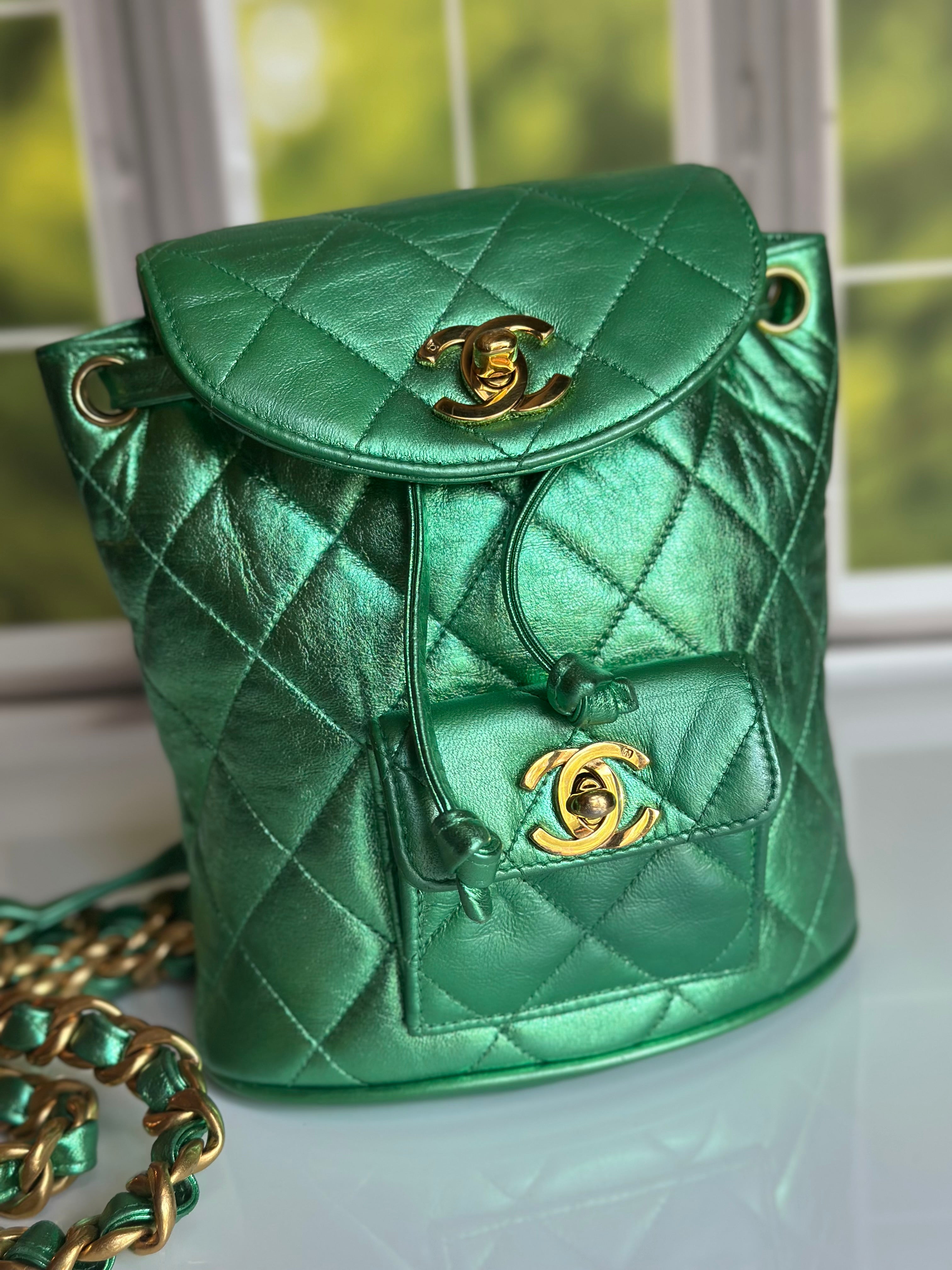 1994 Chanel Mini Duma Backpack Metallic Green Lambskin & 24K Gold Plated Hardware