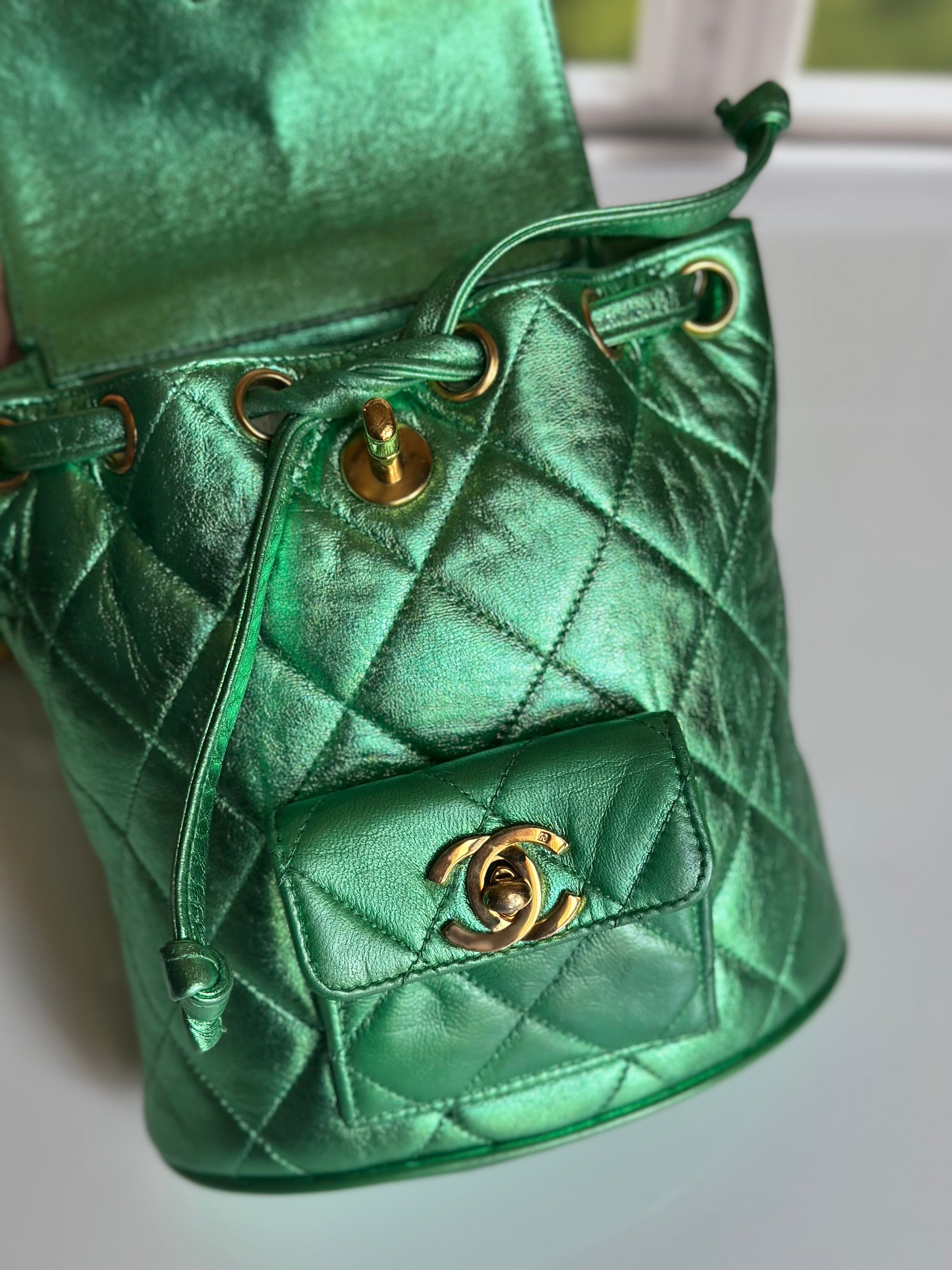 1994 Chanel Mini Duma Backpack Metallic Green Lambskin & 24K Gold Plated Hardware