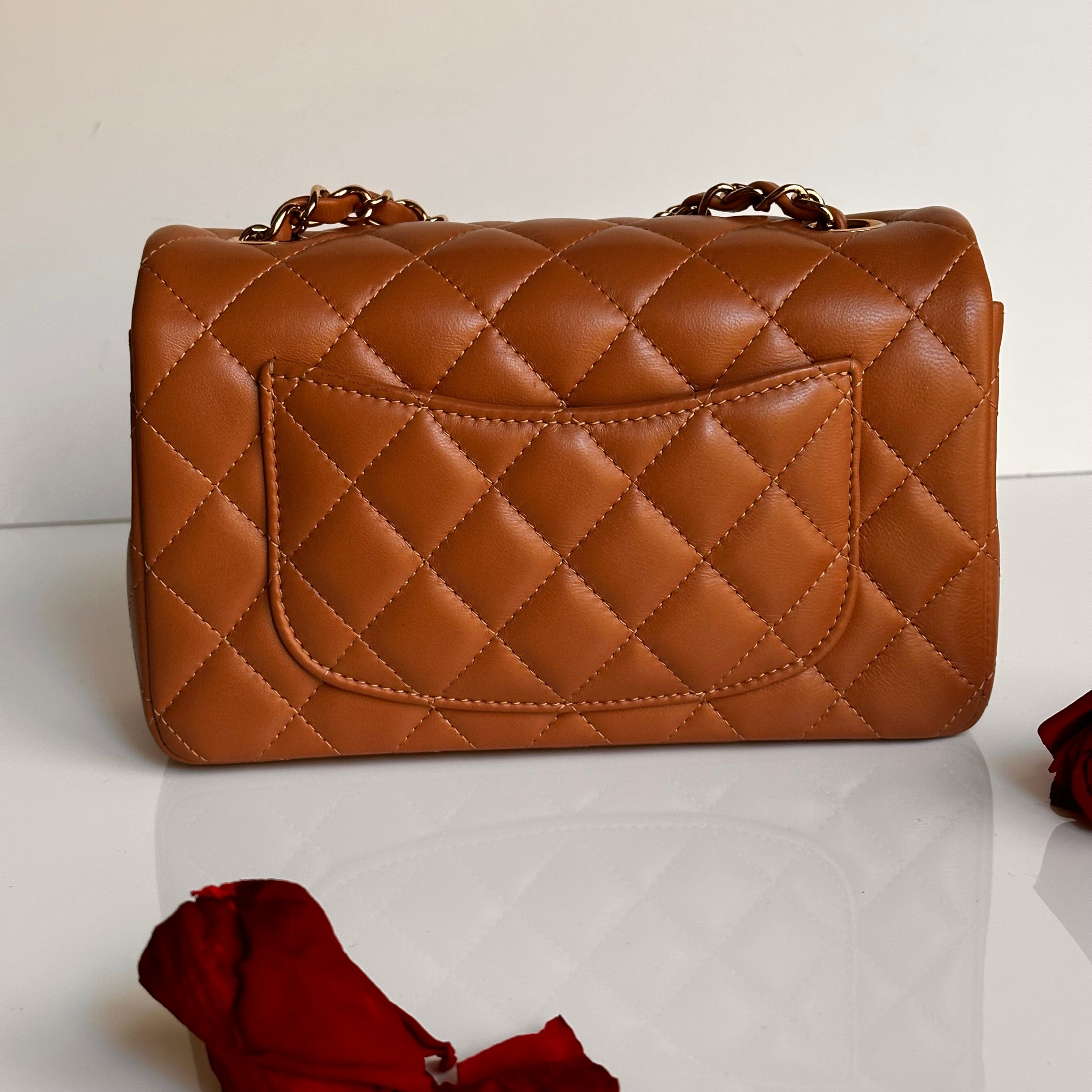 21P Chanel Mini Rectangular Classic Flap Caramel Brown Lambskin LGHW