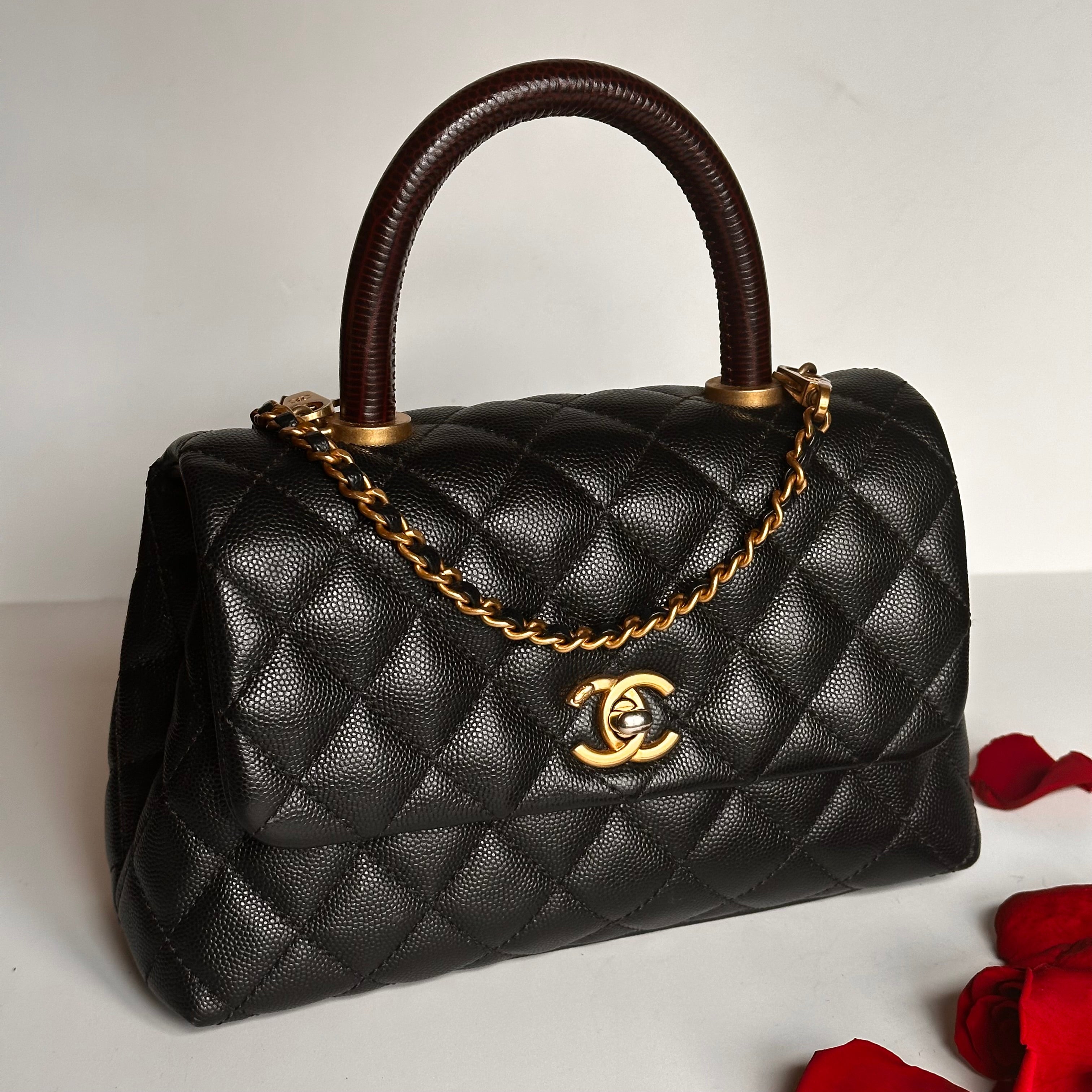 2019 Chanel Small Coco Handle Flap Black Caviar & Dark Burgundy Lizard Embossed Calfskin GHW
