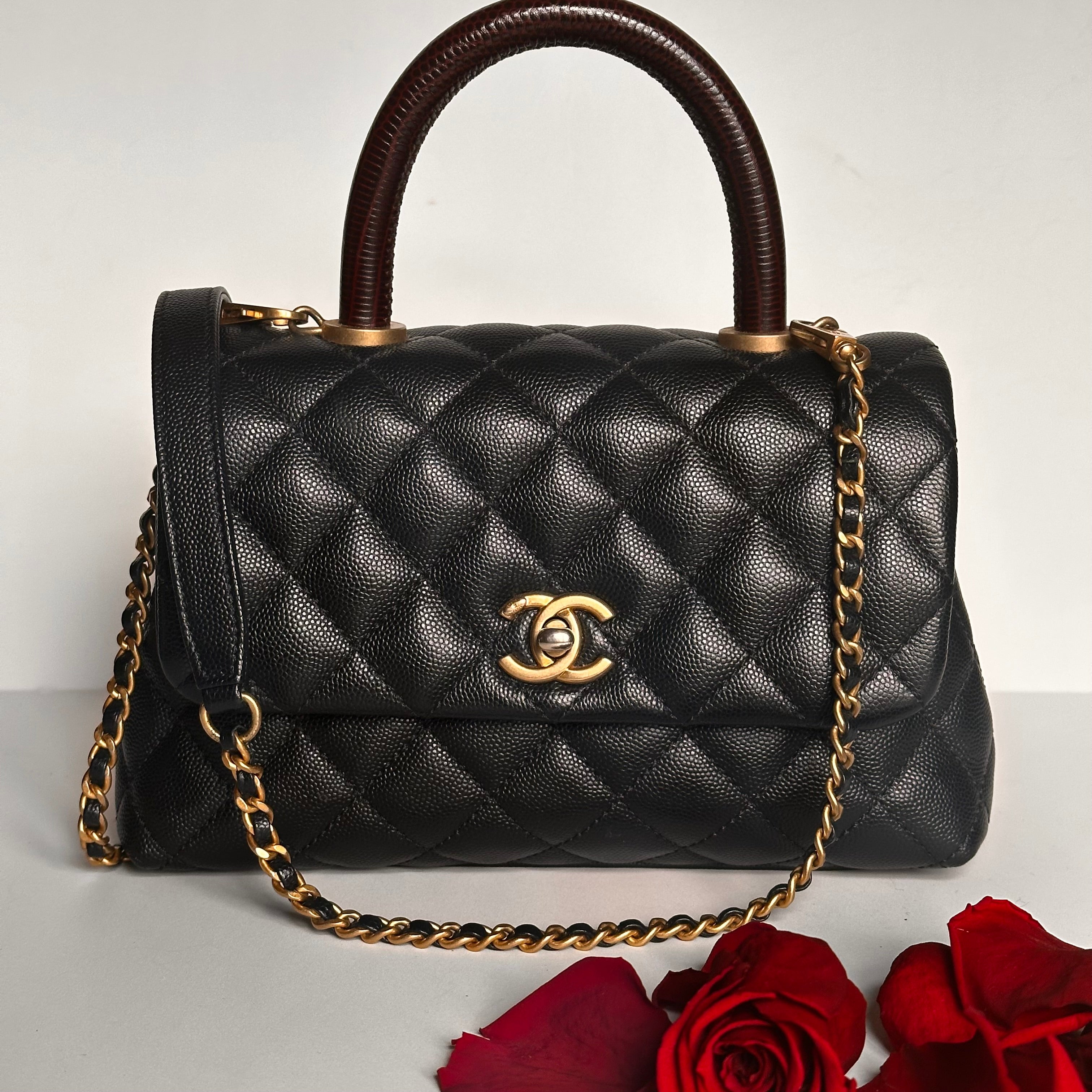 2019 Chanel Small Coco Handle Flap Black Caviar & Dark Burgundy Lizard Embossed Calfskin GHW