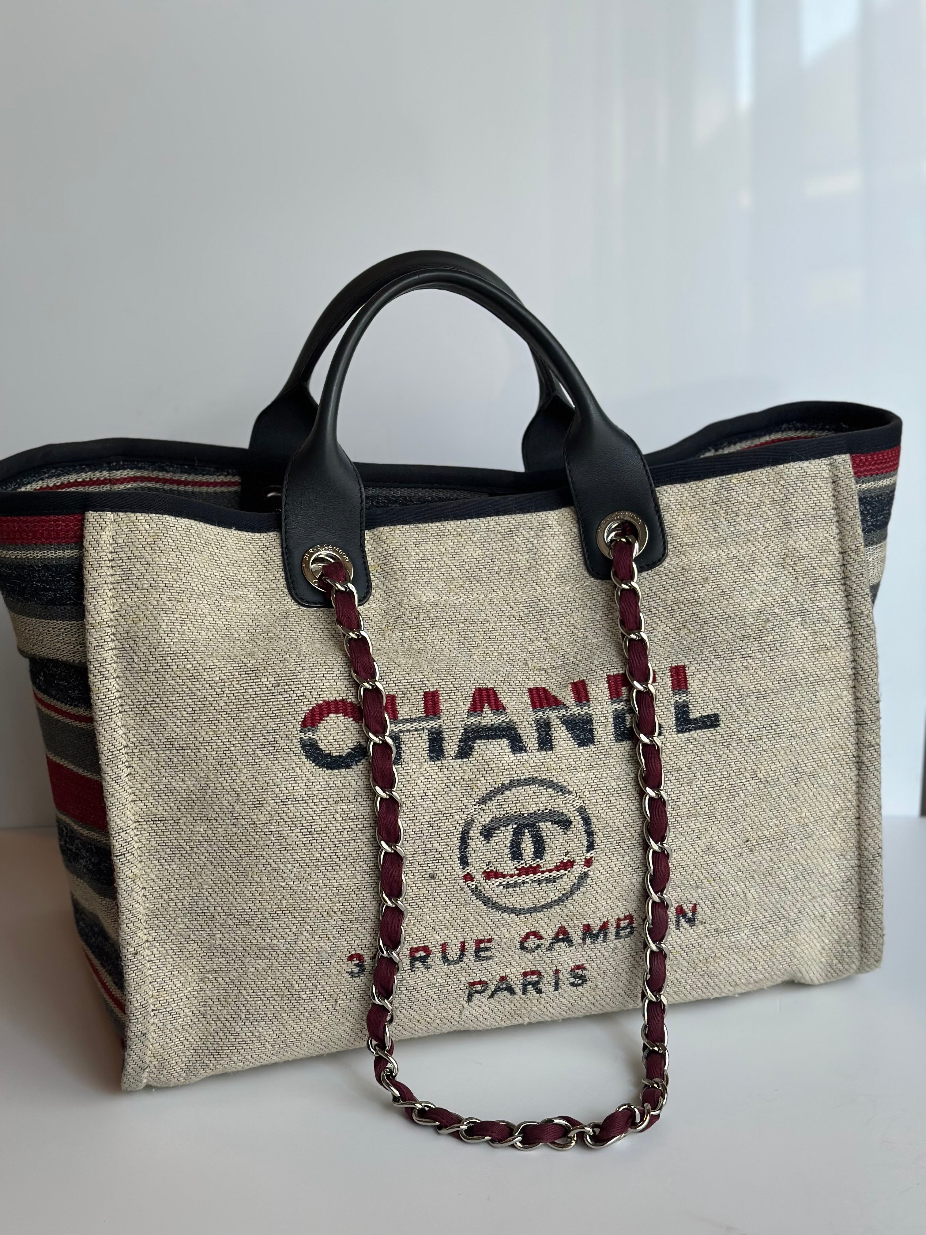18A Chanel Large Deauville Shopping Tote Beige Toile & Calfskin