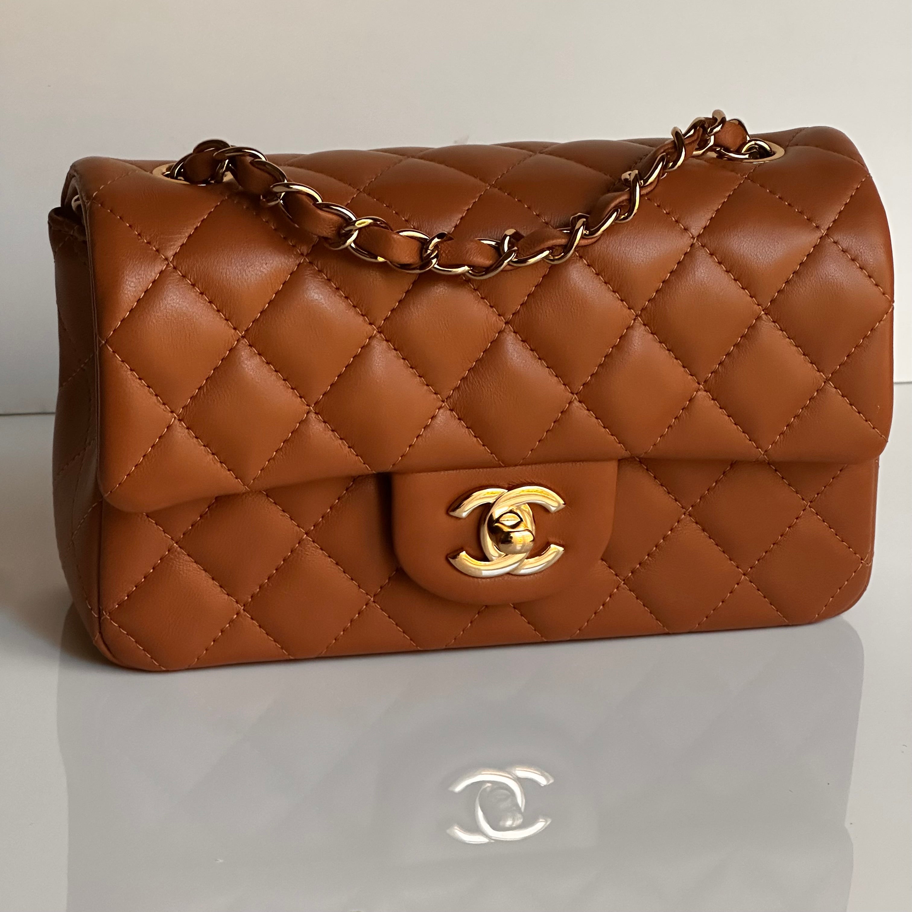 21P Chanel Mini Rectangular Classic Flap Caramel Brown Lambskin LGHW