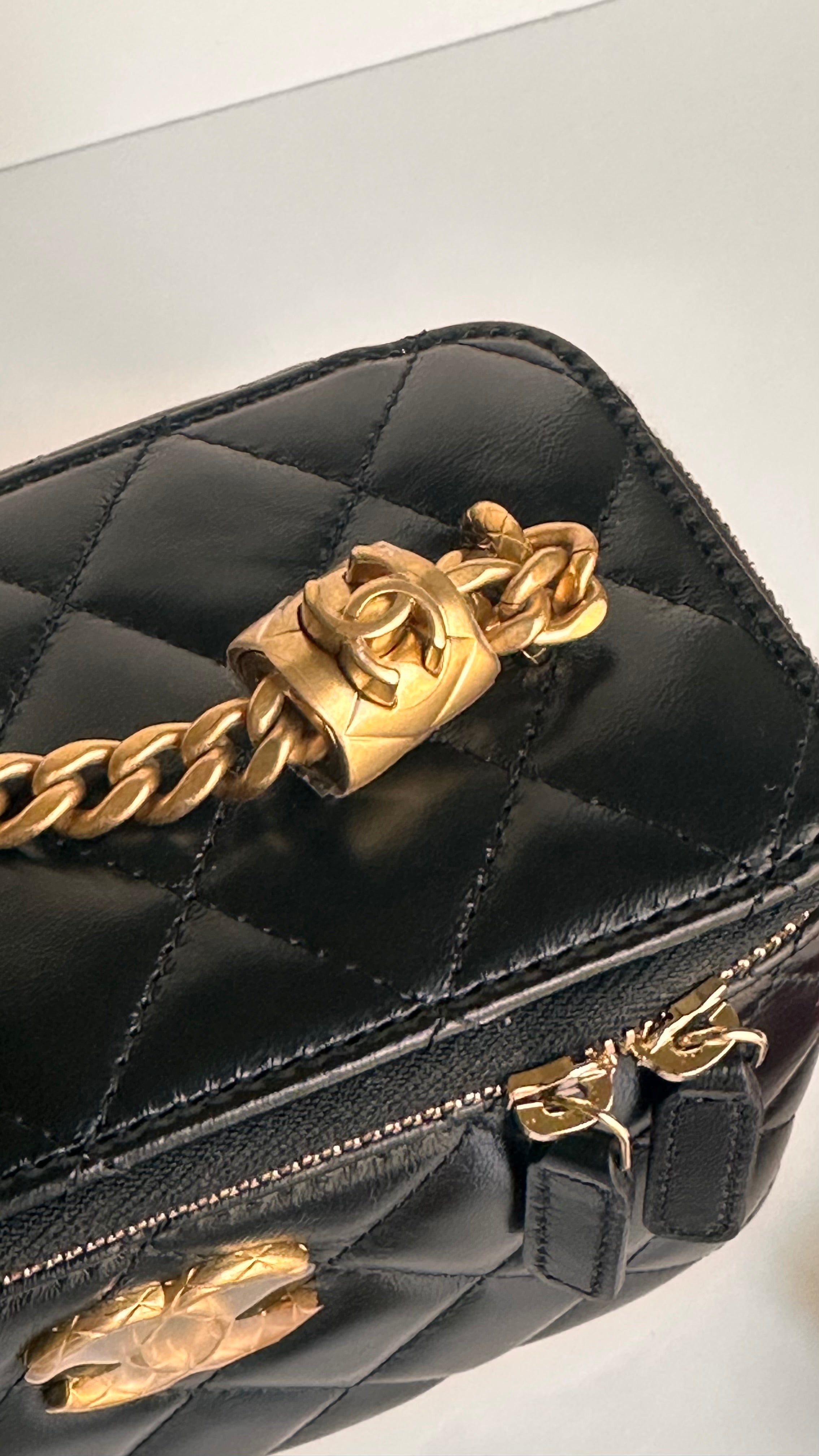 2023 Chanel All Side Long Vanity Bag Black Lambskin Aged Gold Hardware