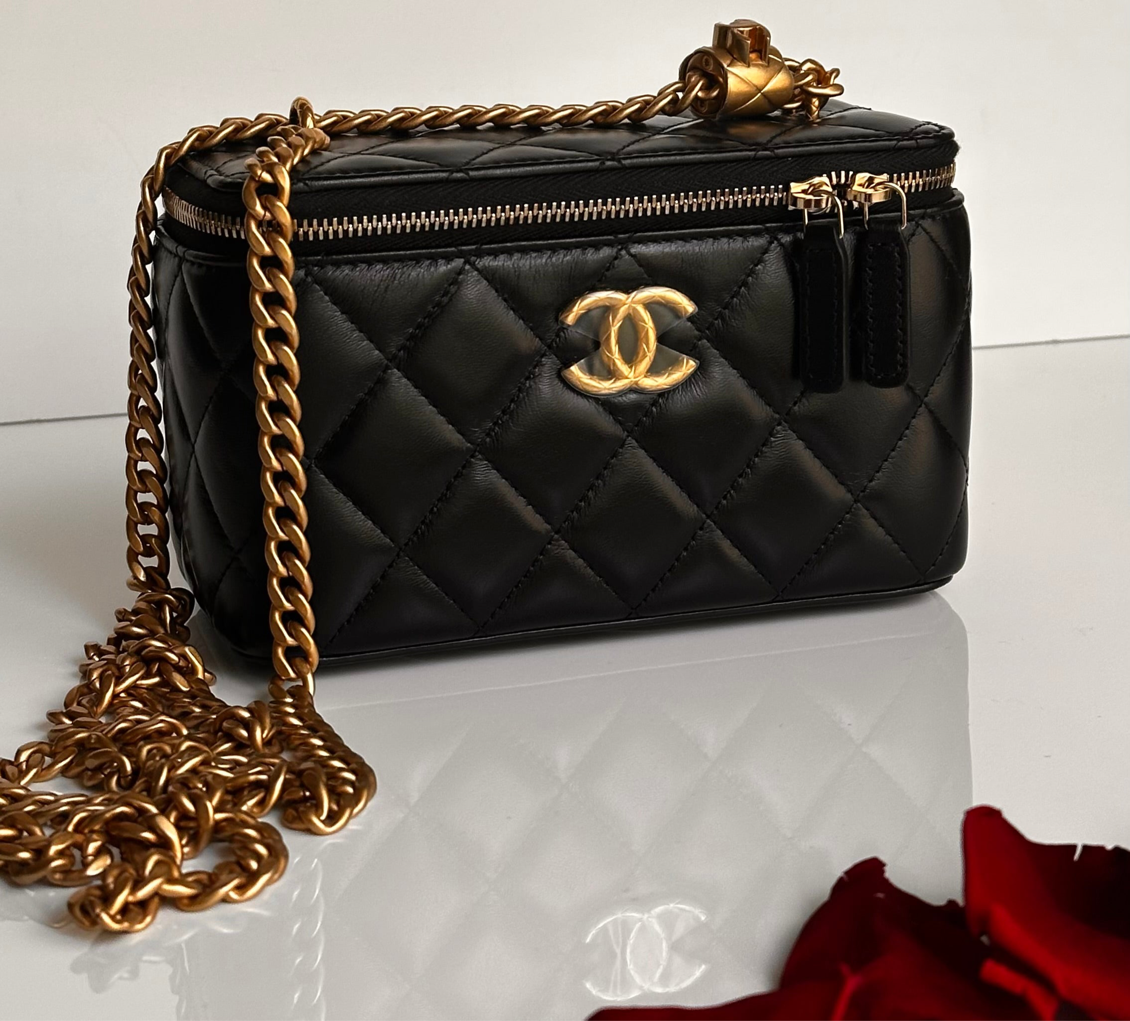 2023 Chanel All Side Long Vanity Bag Black Lambskin Aged Gold Hardware