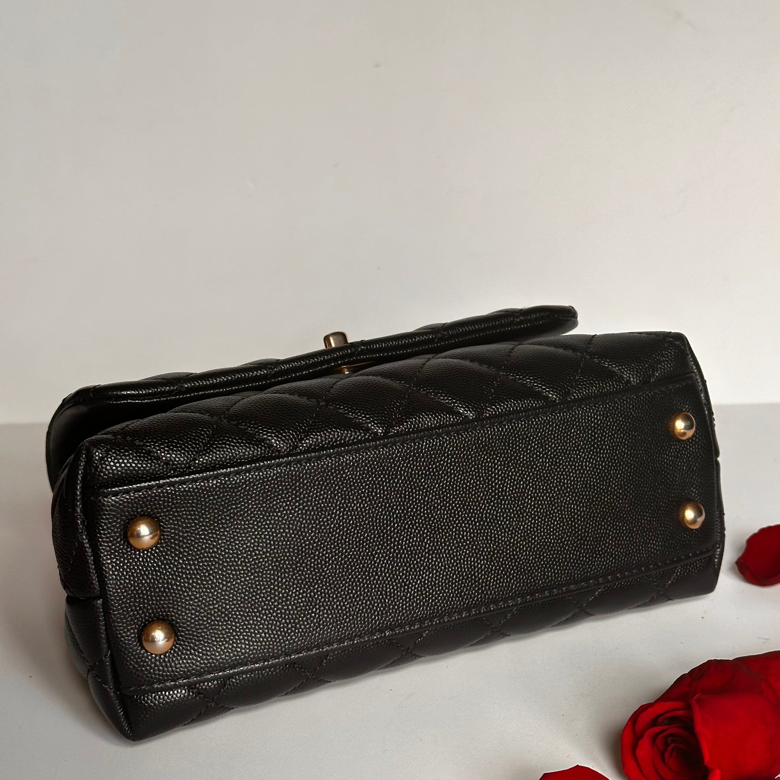 2019 Chanel Small Coco Handle Flap Black Caviar & Dark Burgundy Lizard Embossed Calfskin GHW