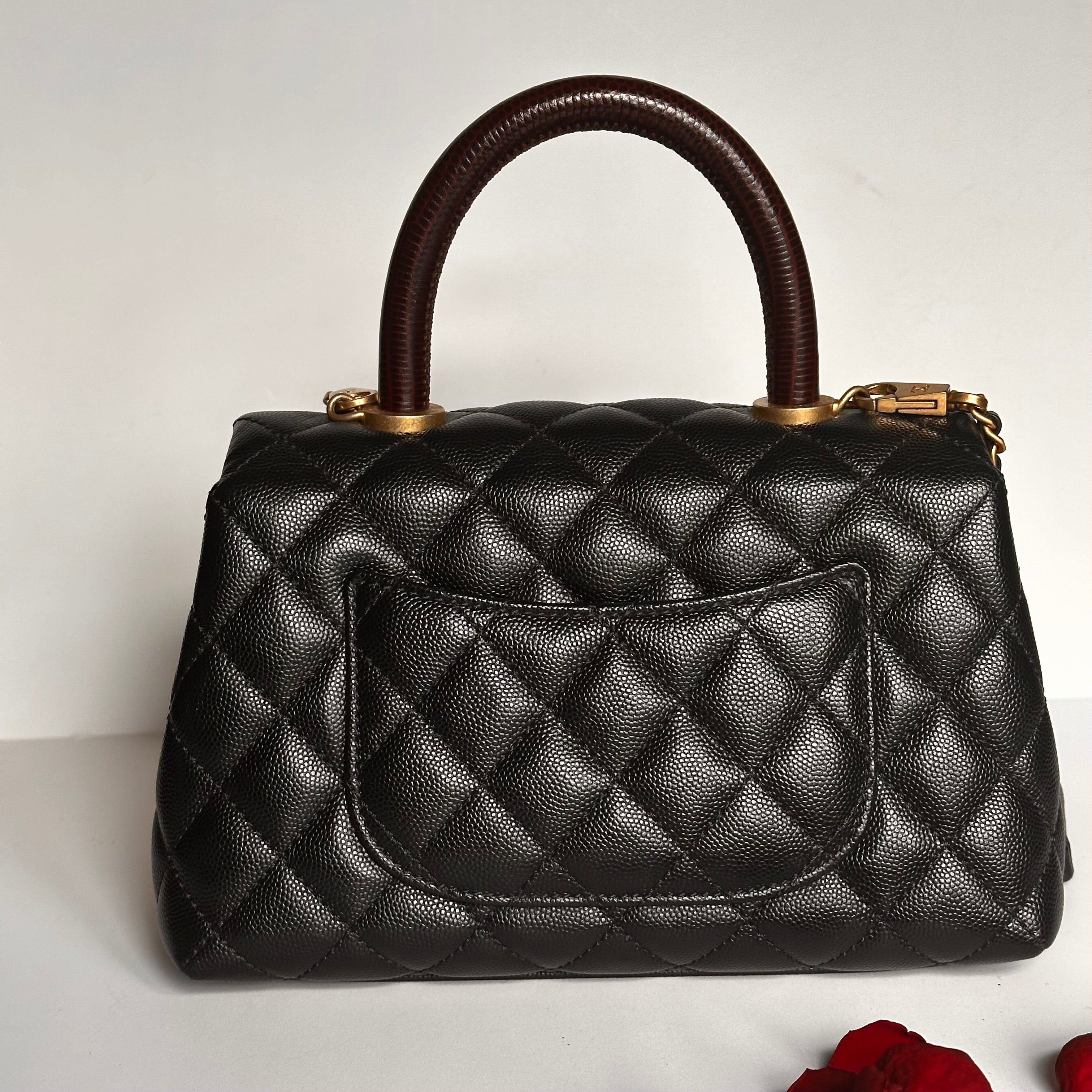 2019 Chanel Small Coco Handle Flap Black Caviar & Dark Burgundy Lizard Embossed Calfskin GHW