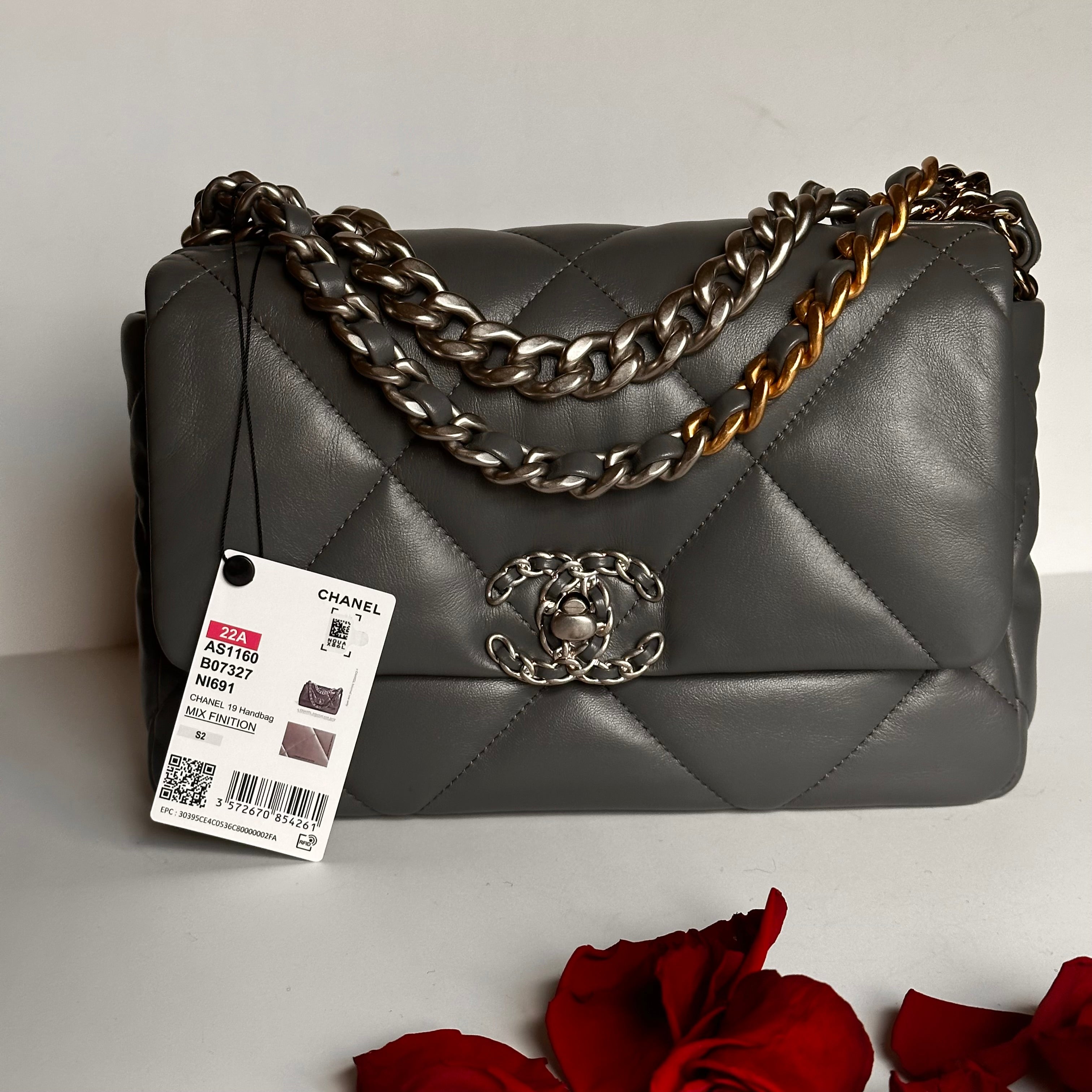 22A Chanel 19 Medium Flap Dark Grey Lambskin & Trio-Mix Hardware Finish