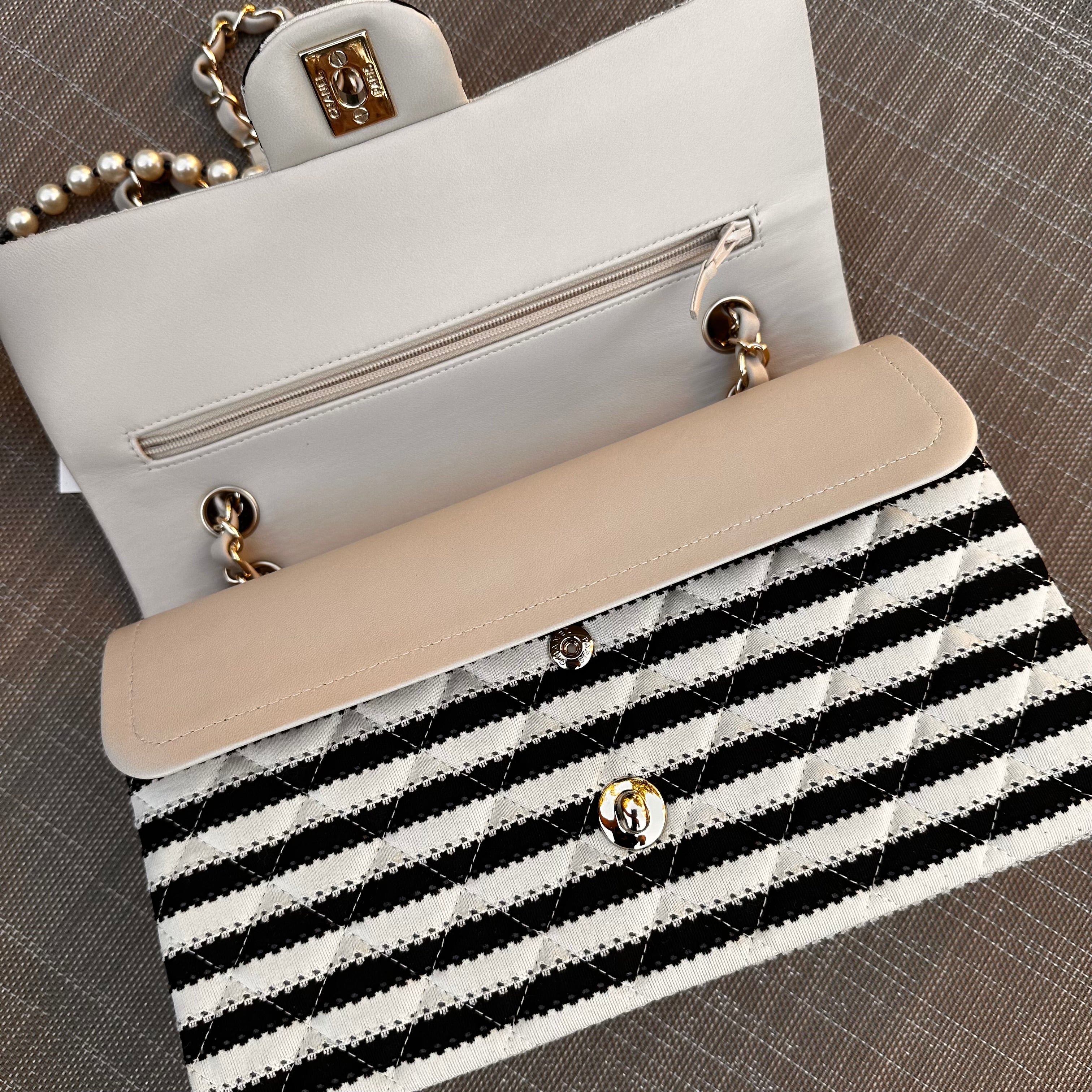 2014 Chanel Medium Flap Beige & Black Jersey LGHW