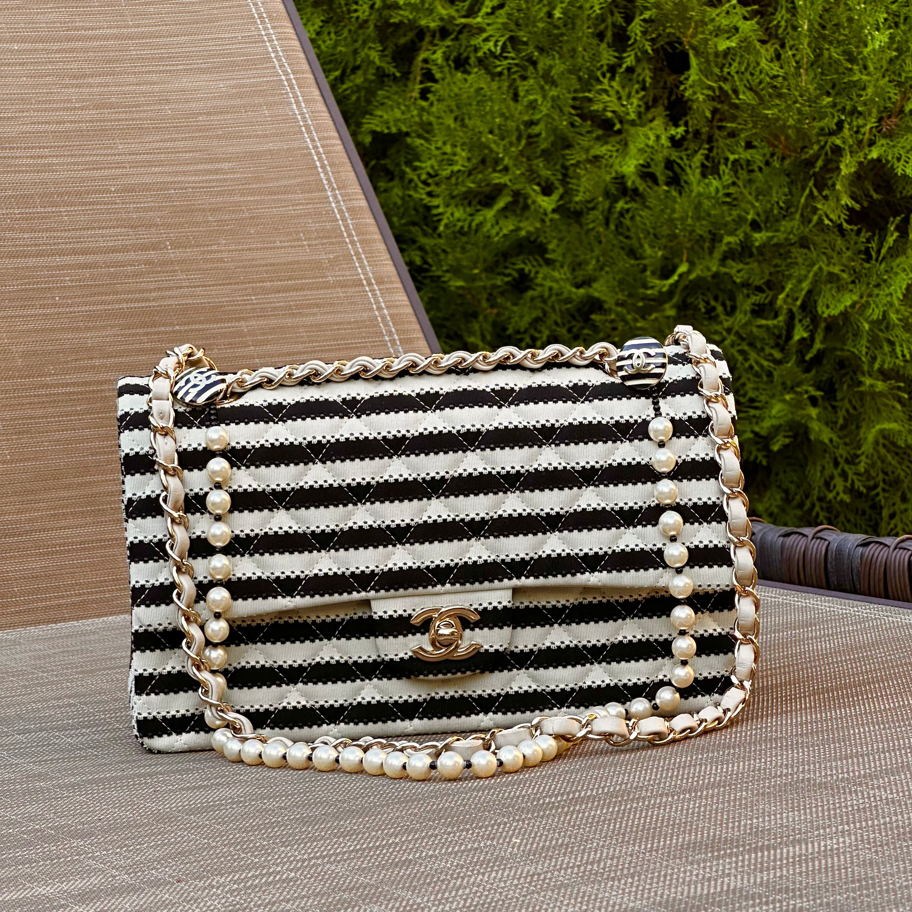 2014 Chanel Medium Flap Beige & Black Jersey LGHW