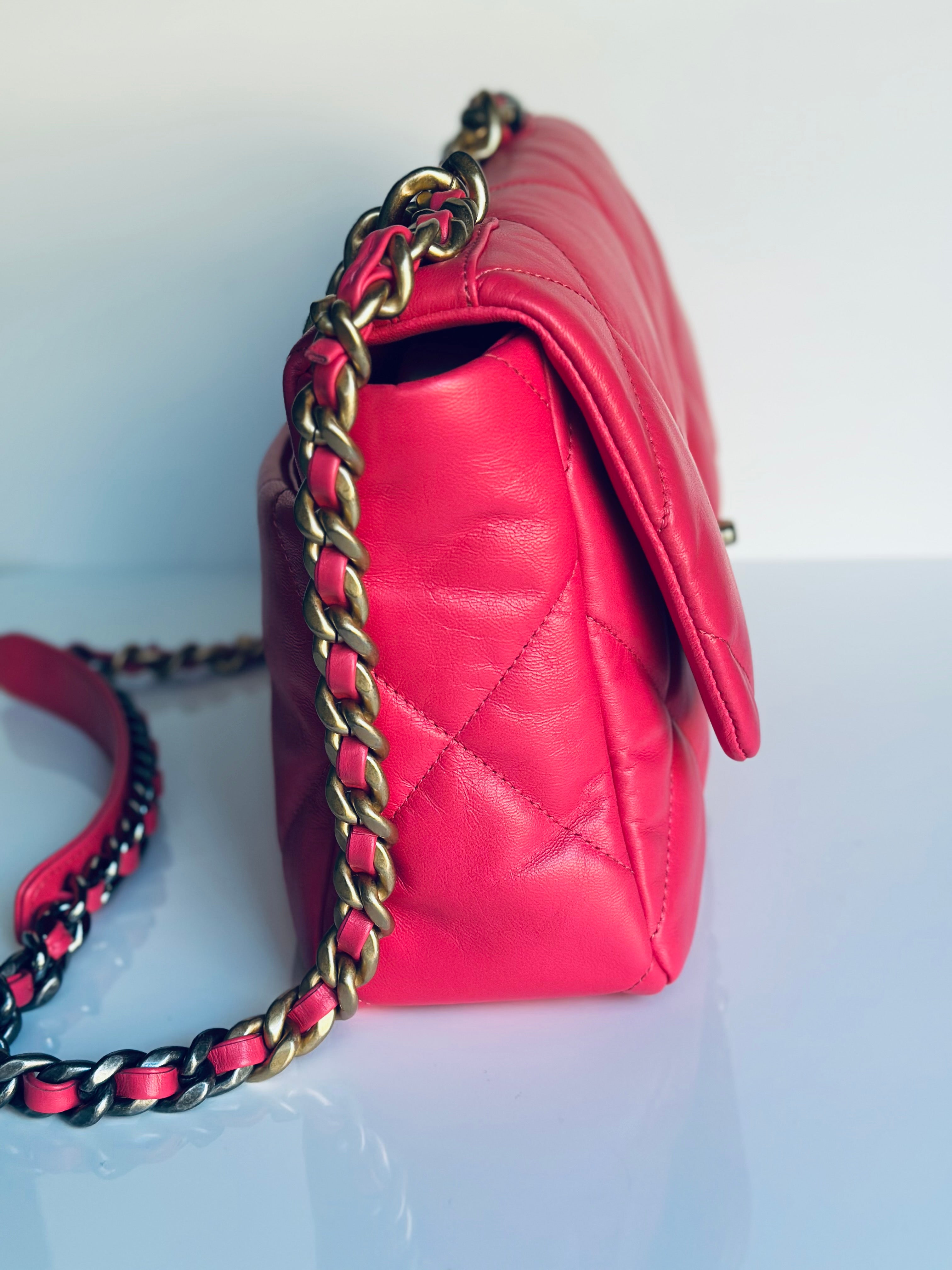 2020 Chanel 19 Large Flap Dark Pink Goatskin Trio-Mix Finish Hardware