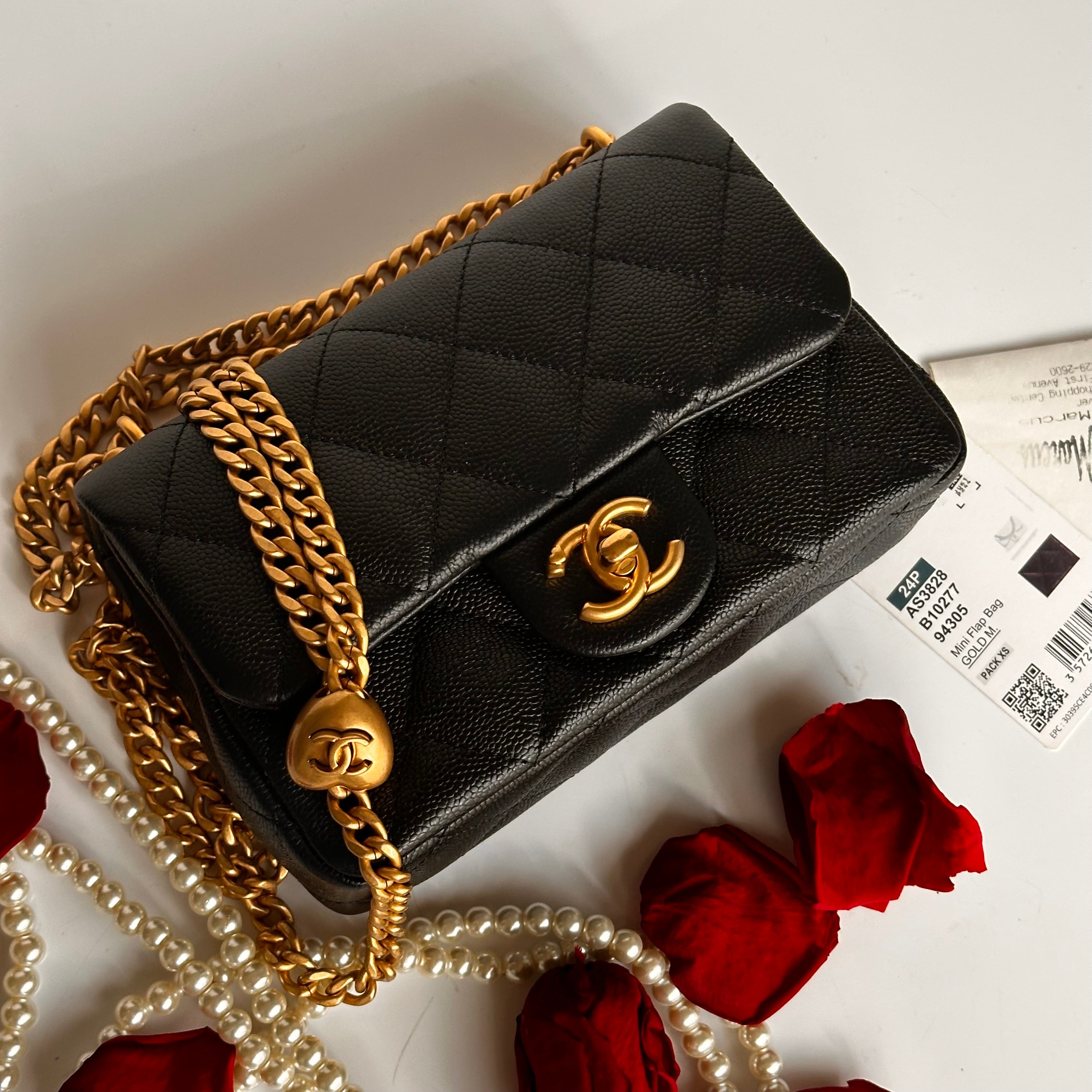 24P Chanel Mini Sweetheart Flap Black Caviar Aged GHW