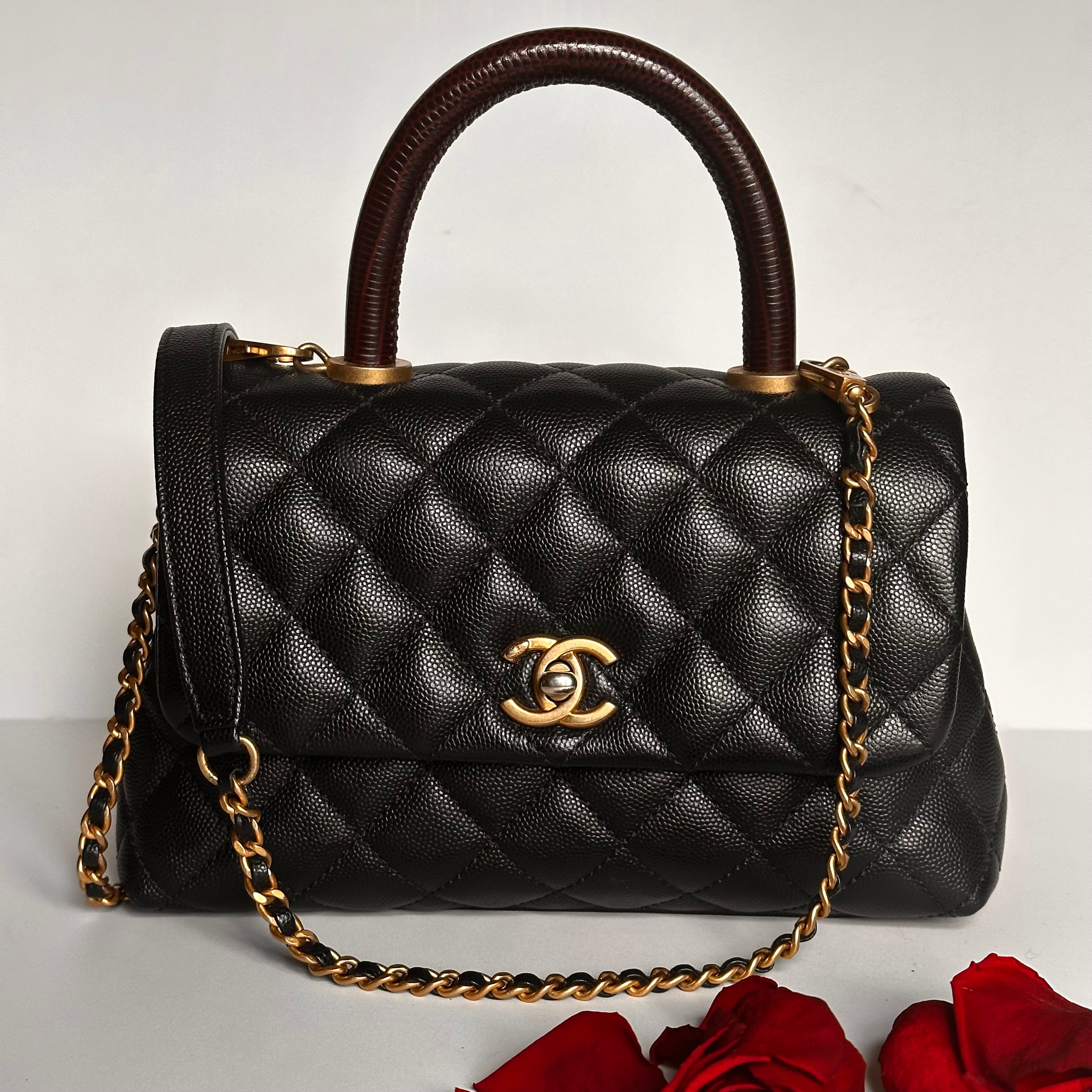 2019 Chanel Small Coco Handle Flap Black Caviar & Dark Burgundy Lizard Embossed Calfskin GHW