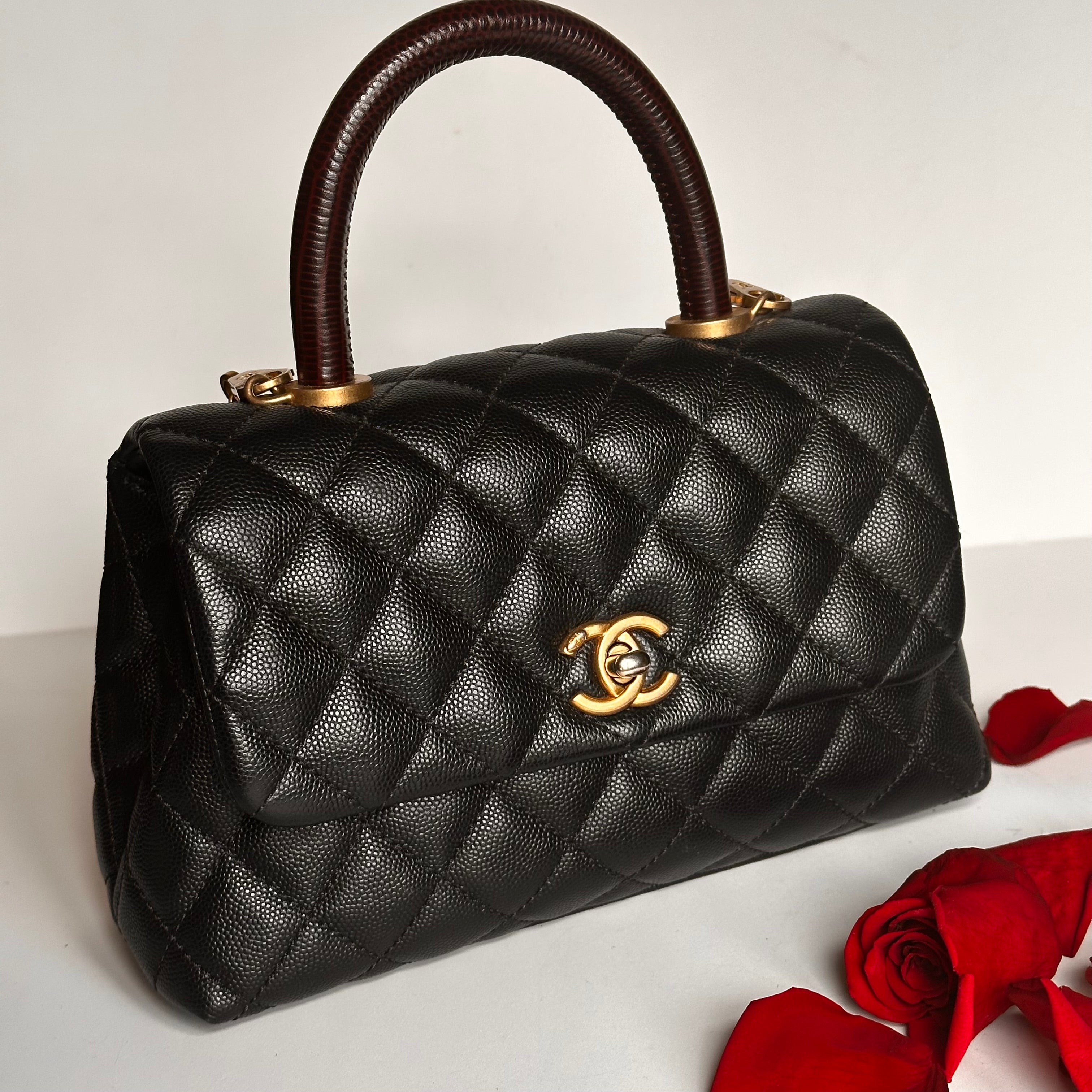 2019 Chanel Small Coco Handle Flap Black Caviar & Dark Burgundy Lizard Embossed Calfskin GHW