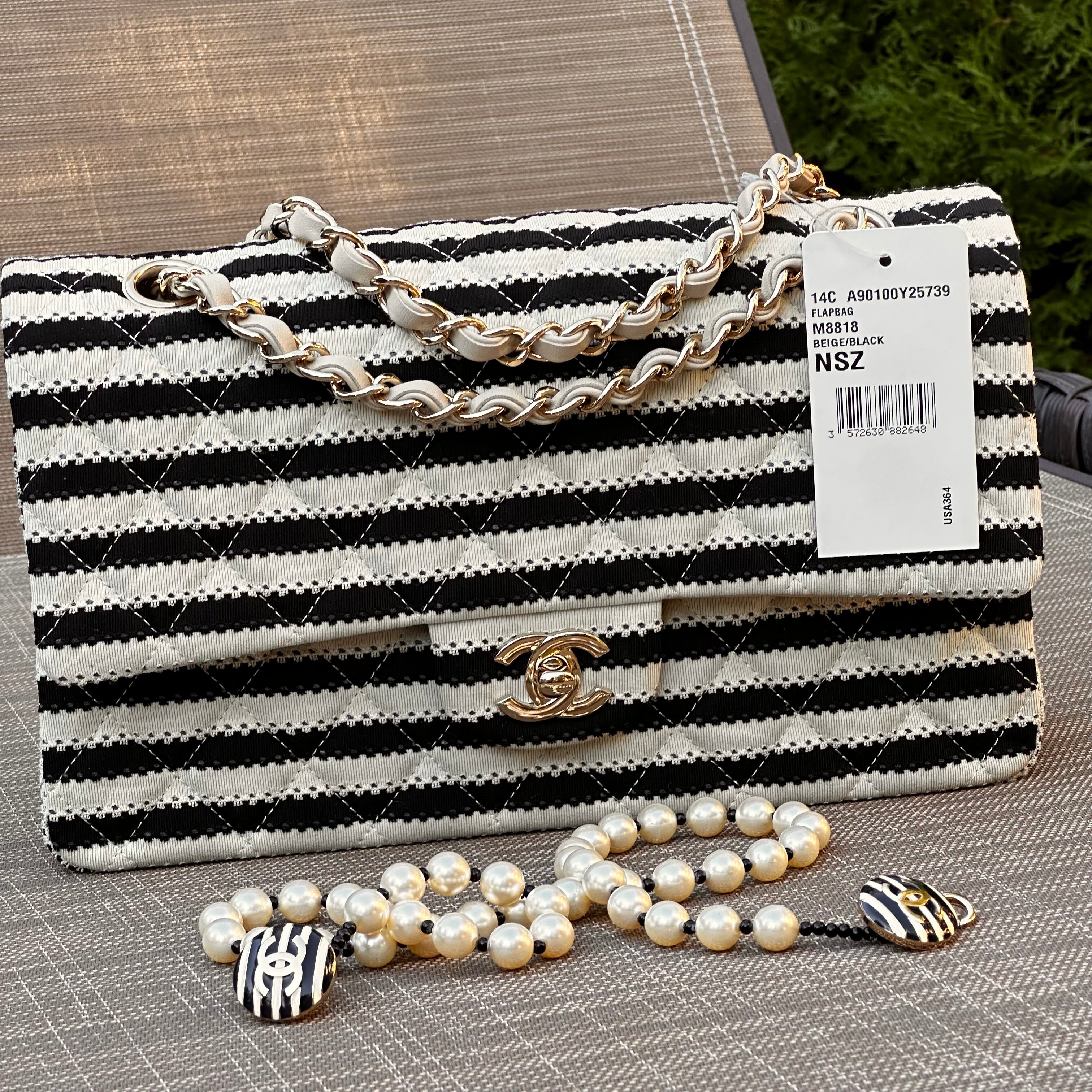 2014 Chanel Medium Flap Beige & Black Jersey LGHW